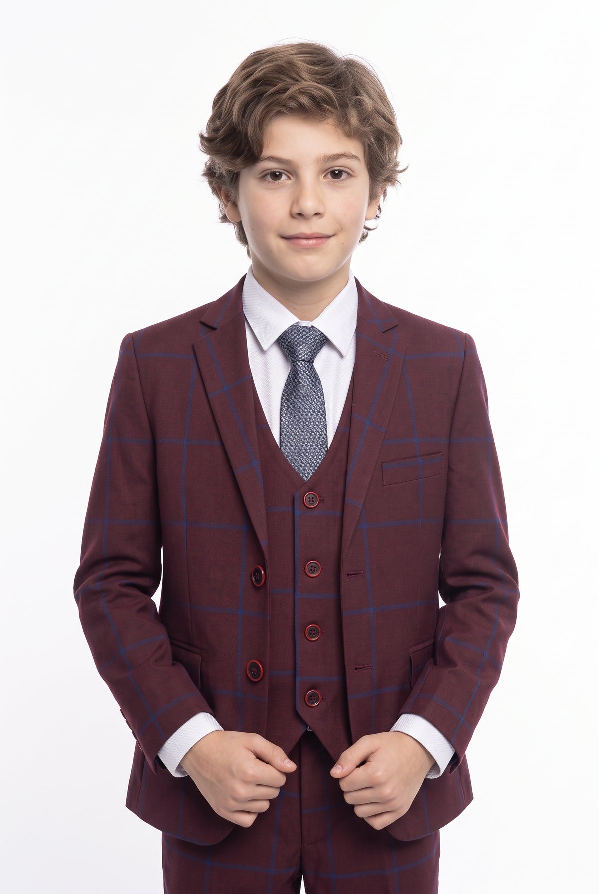 Boys 3 Piece Tailored Fit Windowpane Check Suit - DOMINIC - Burgundy - Blue