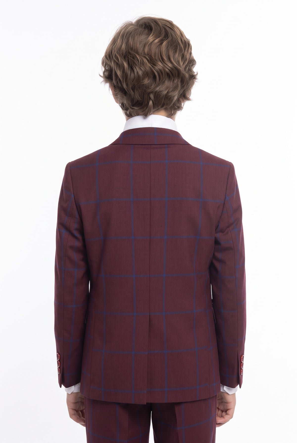 Boys 3 Piece Tailored Fit Windowpane Check Suit - DOMINIC - Burgundy - Blue Model Picture