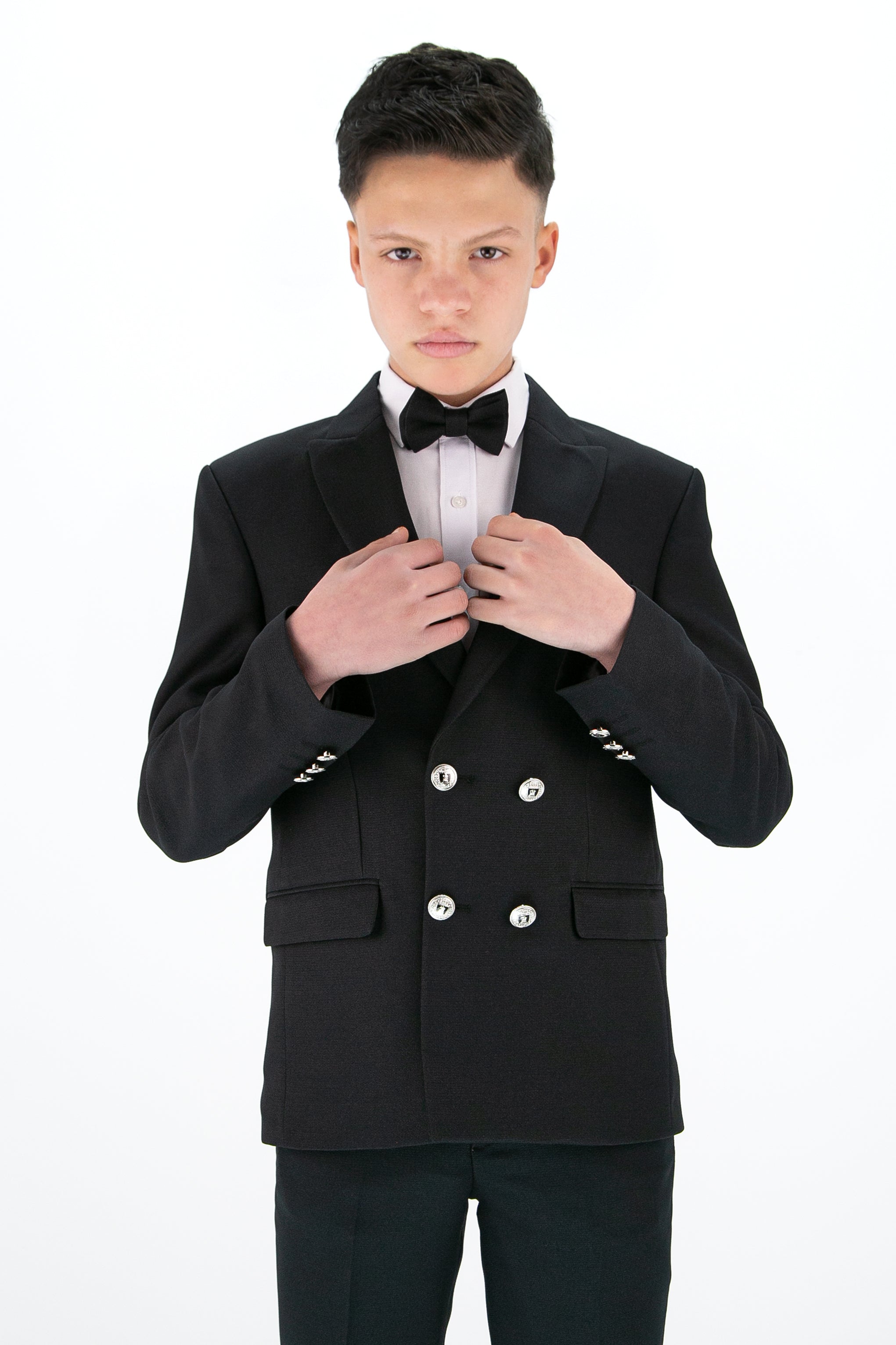 Boys’ 4-Piece Textured Double Breasted Formal Suit - Montero Black Model Picture