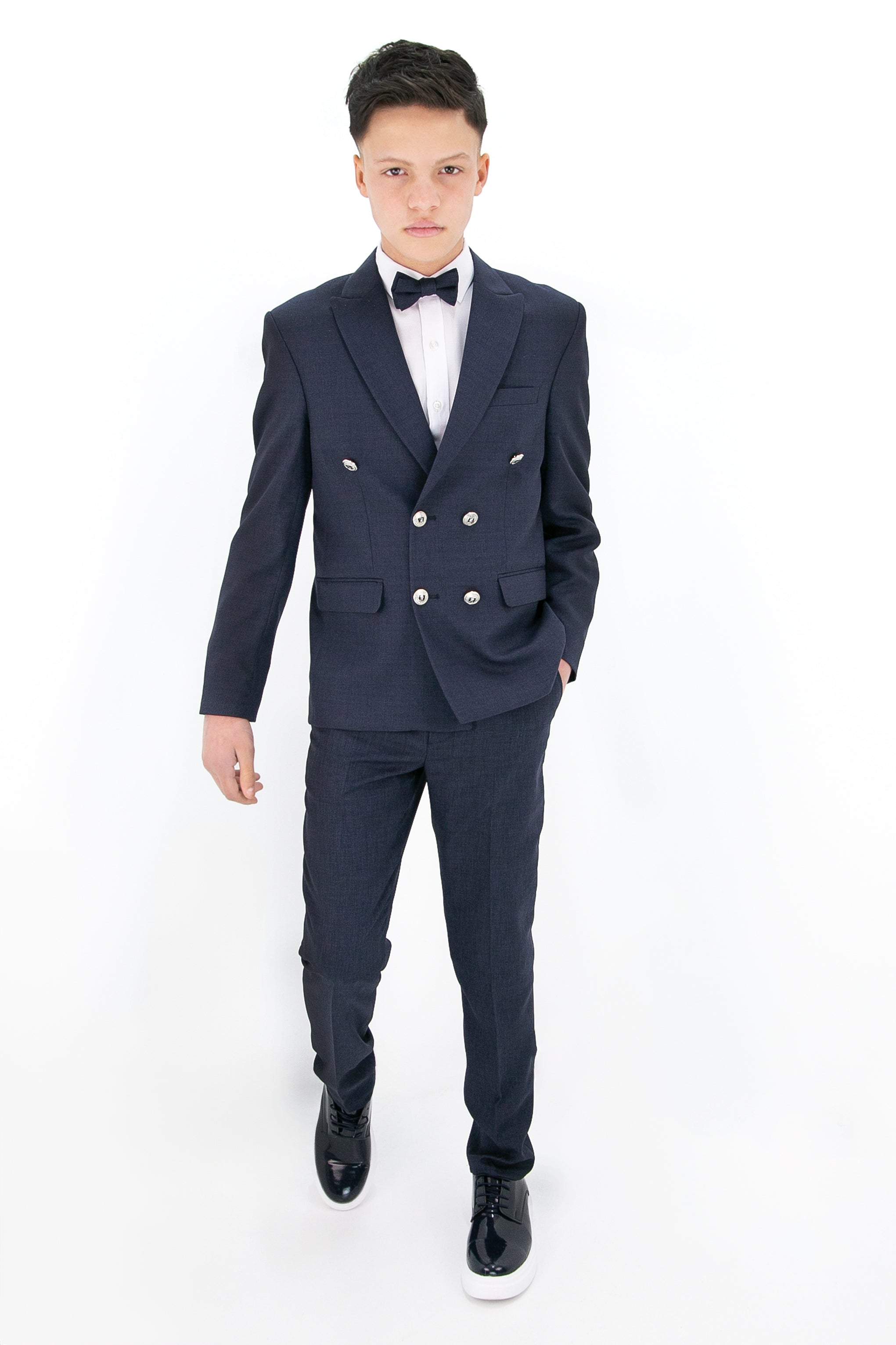 Boys’ 4-Piece Textured Double Breasted Formal Suit - Montero Navy Modle Front Picture