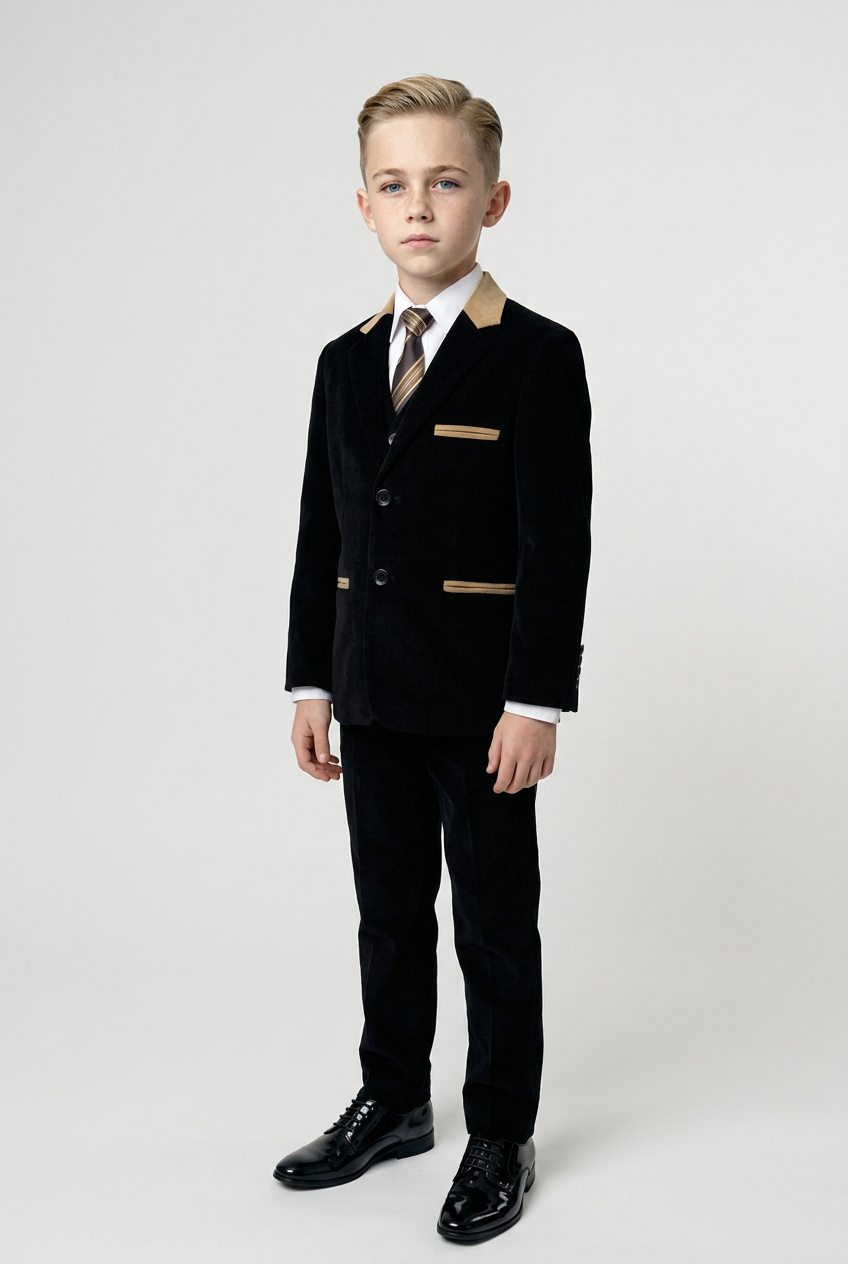 Boys' 5-Piece Corduroy Slim Fit Formal Suit Set for Weddings & Special Occasions - 16T Black