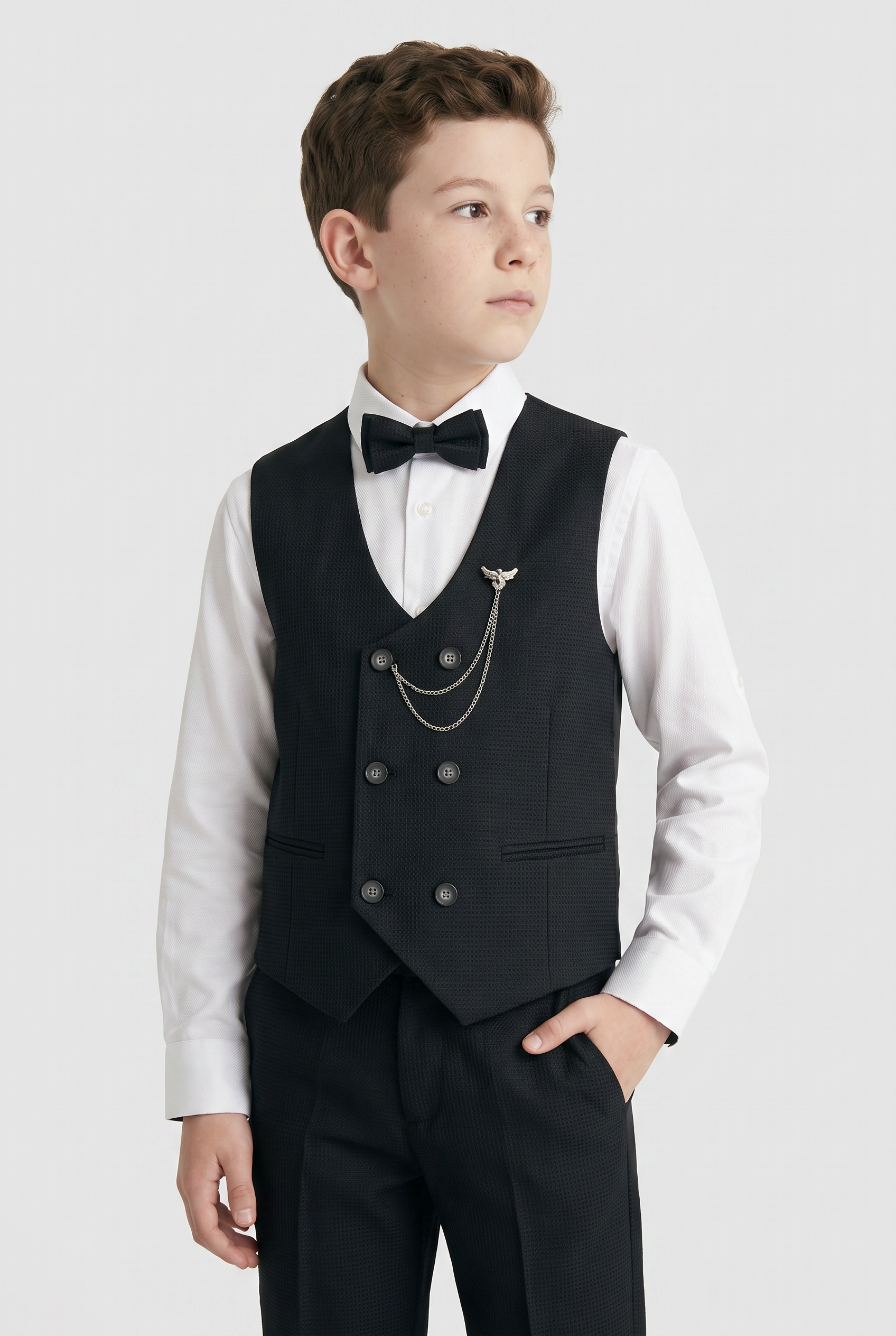 Boys' 5-Piece Textured Double Breasted Waistcoat Suit - MATRIX - Black