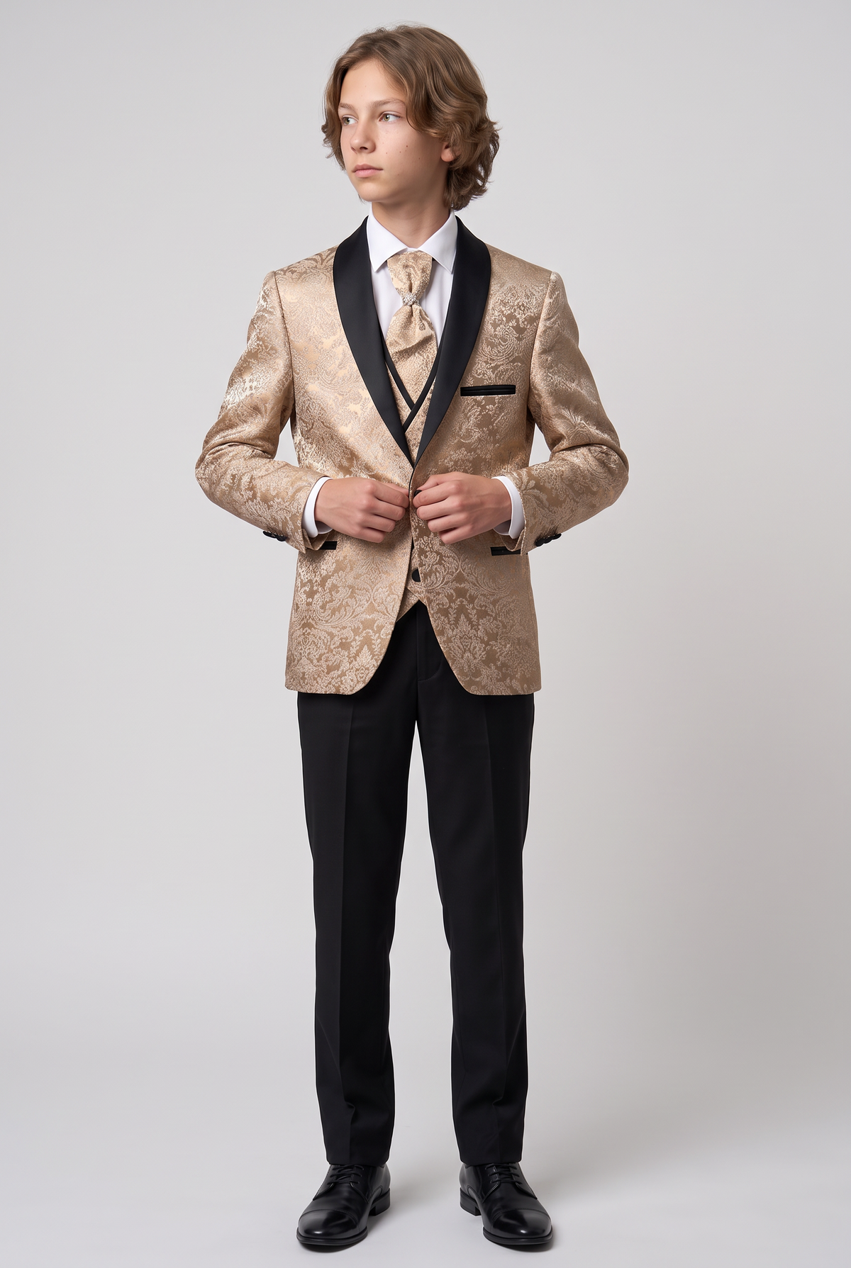 Boys 5-Piece Floral Jacquard Tuxedo Suit with Double Breasted Waistcoat - Gold