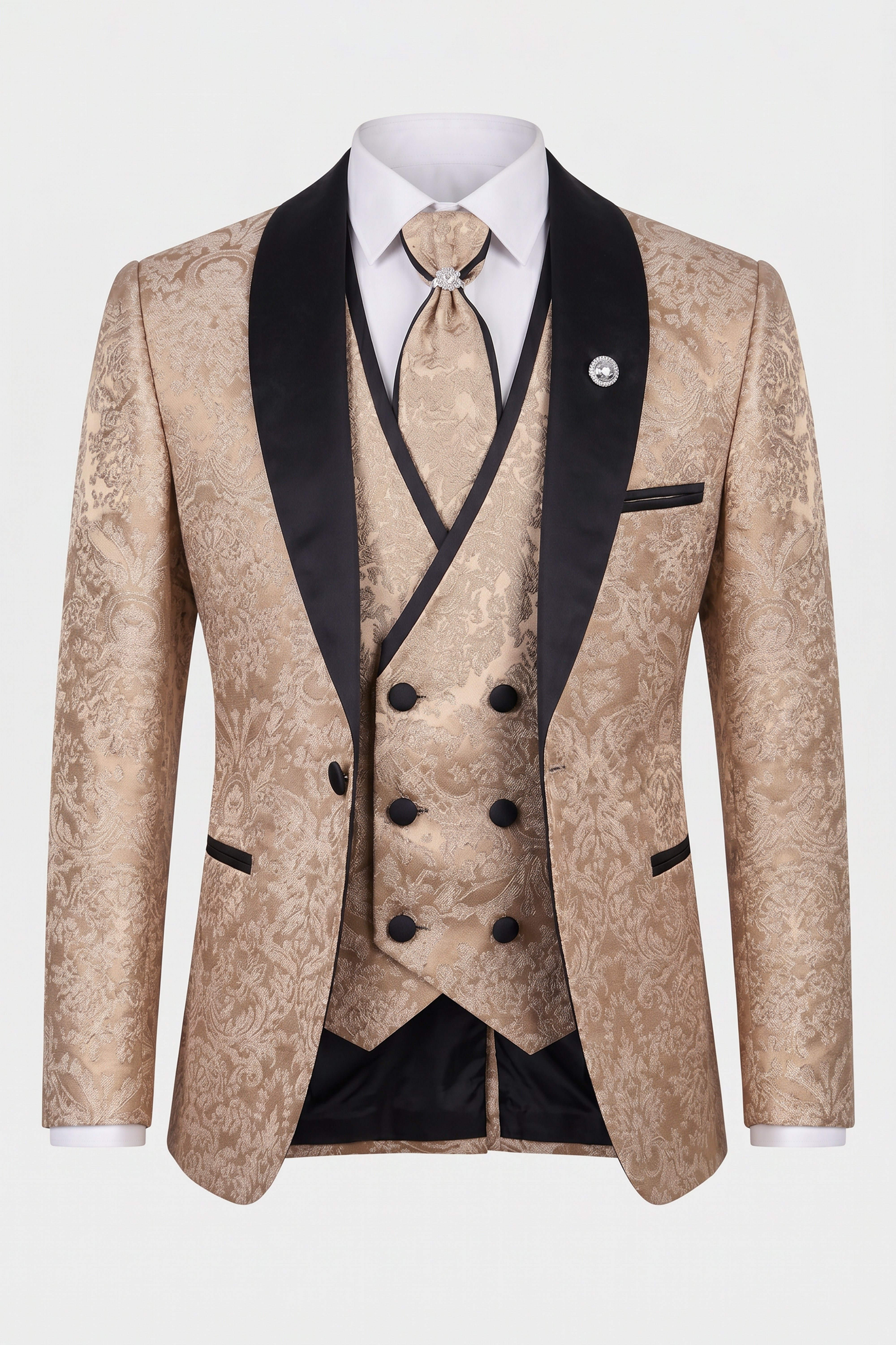 Boys 5-Piece Floral Jacquard Tuxedo Suit with Double Breasted Waistcoat - Gold