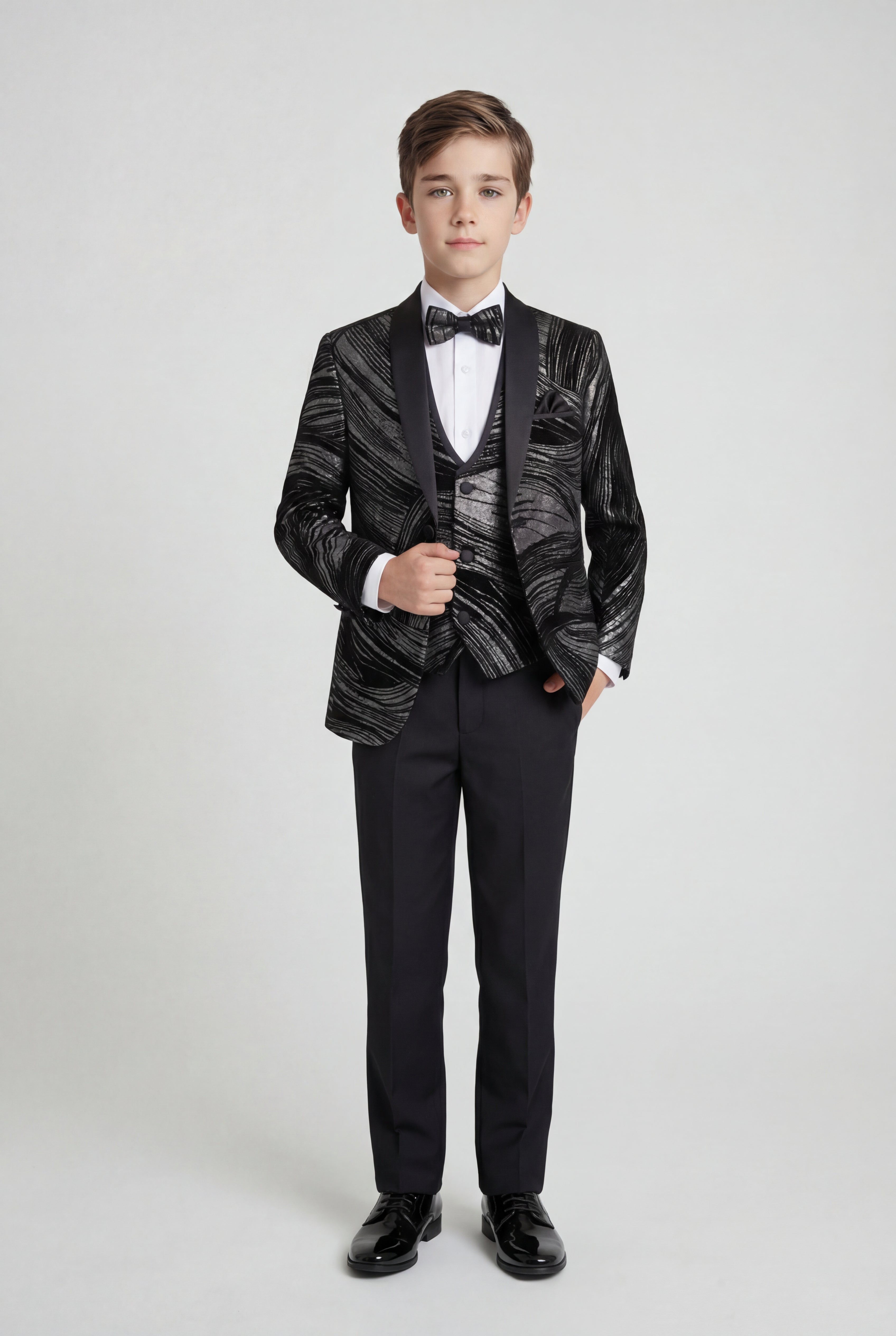 Boys 5-Piece Metallic Jacquard Tuxedo Suit - Black and Silver Front Picture