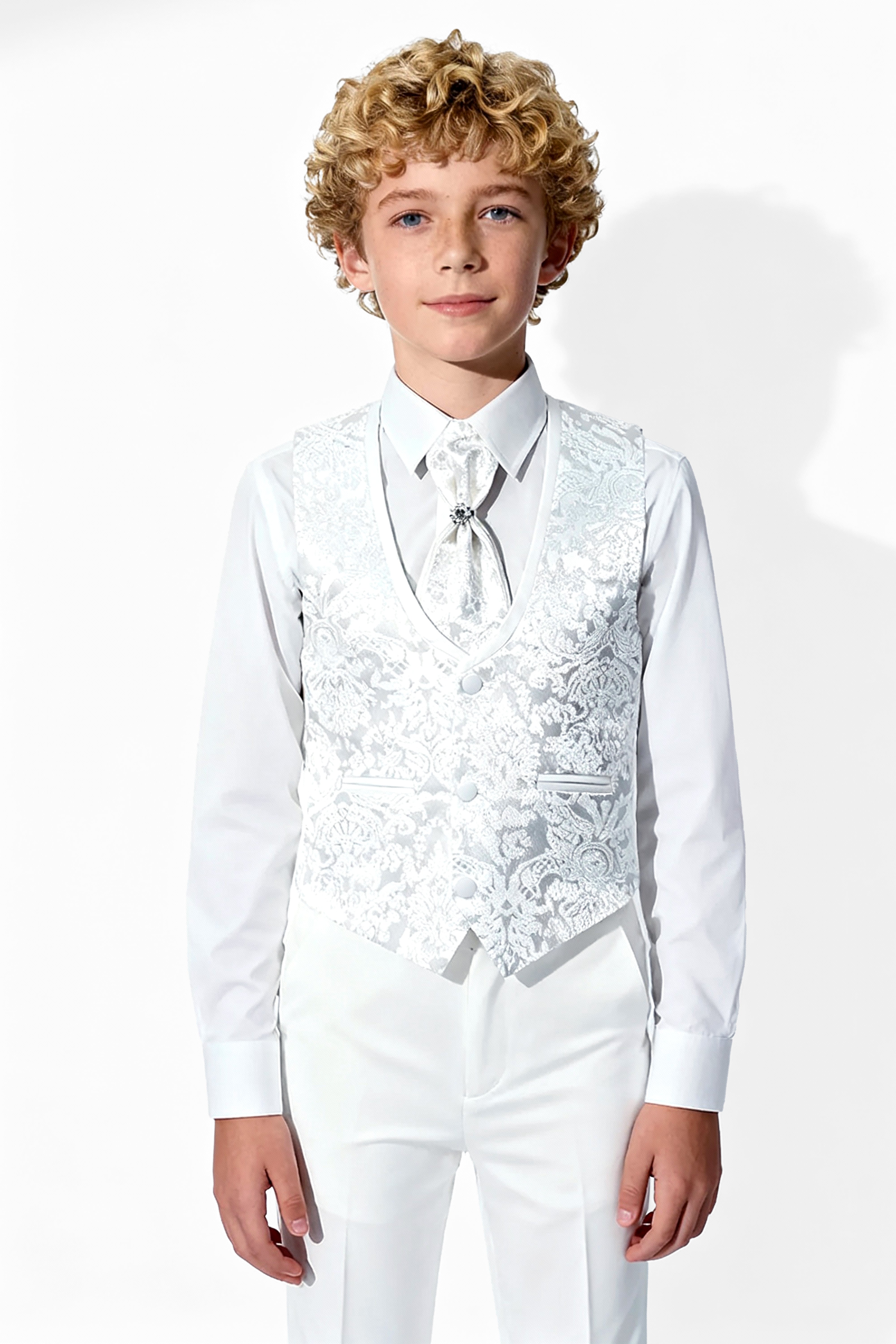 Boys 5-Piece Paisley Jacquard Communion Tuxedo Suit - White Waistcoat Front Picture