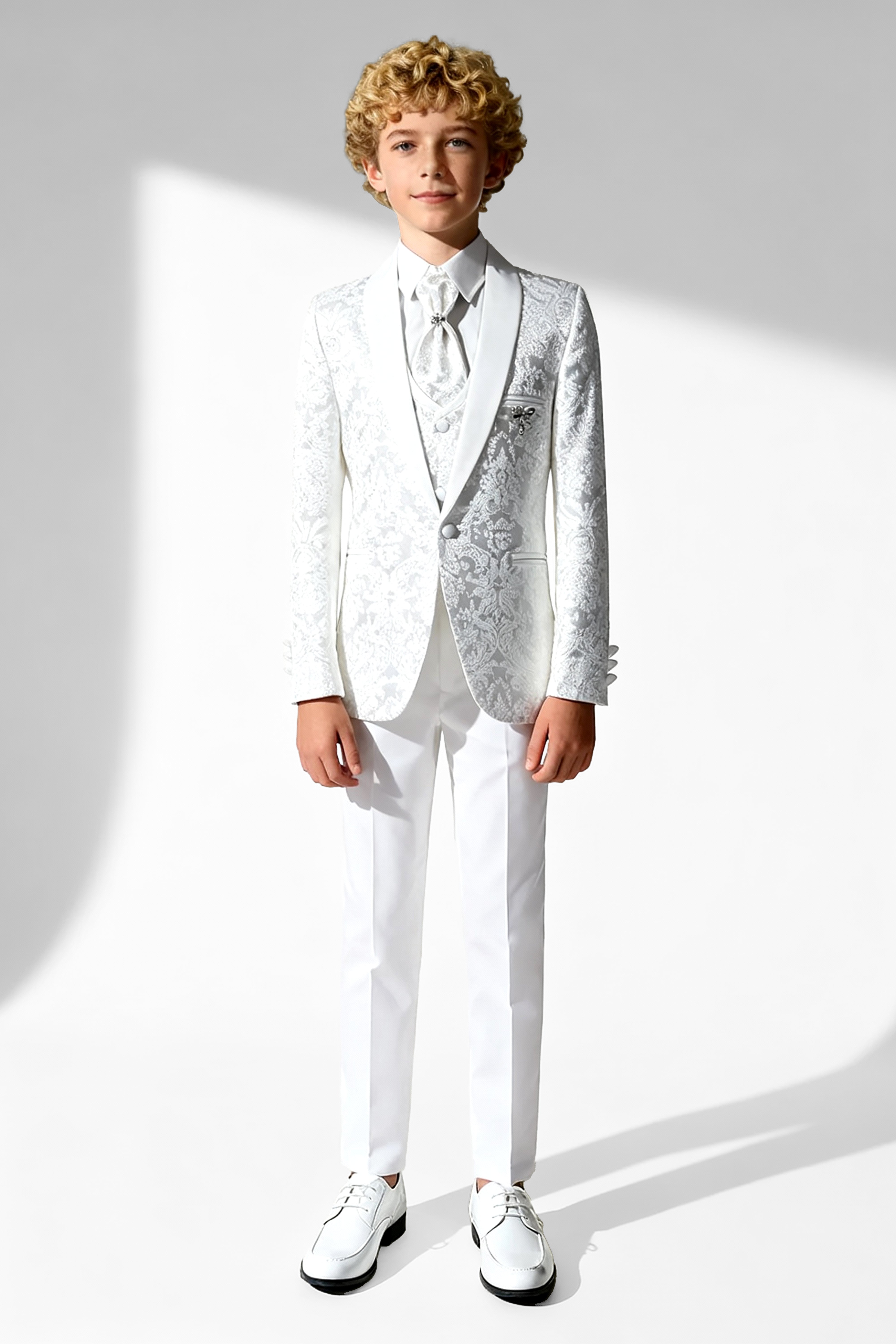 Boys 5-Piece Paisley Jacquard Communion Tuxedo Suit - White Front Picture