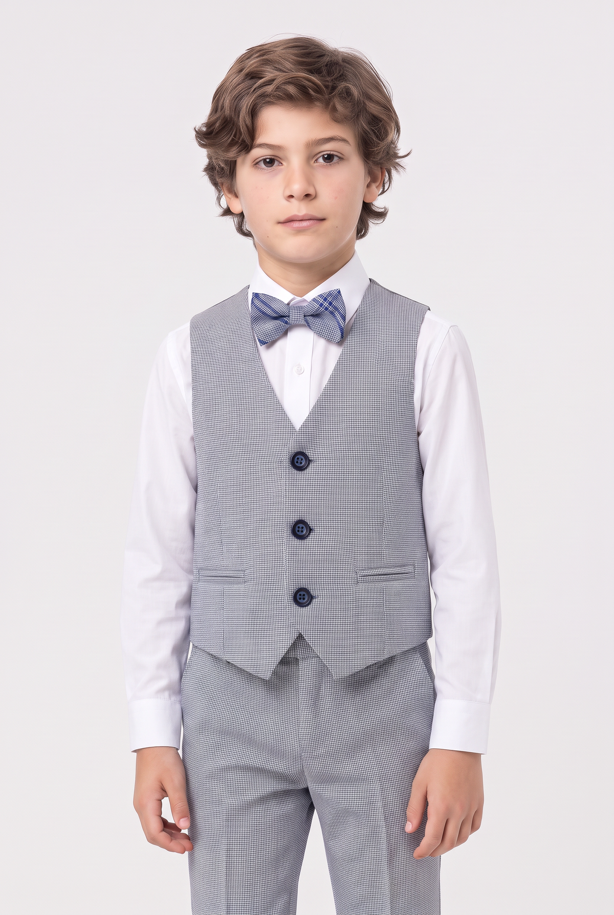 Boys 5-Piece Slim Fit Windowpane Check Suit - Ekose - BLUE