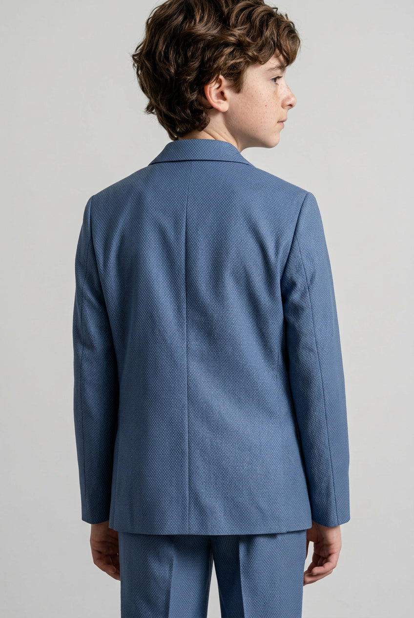 Boys 5-Piece Textured Weave Suit with Double Breasted Waistcoat - Indigo Blue