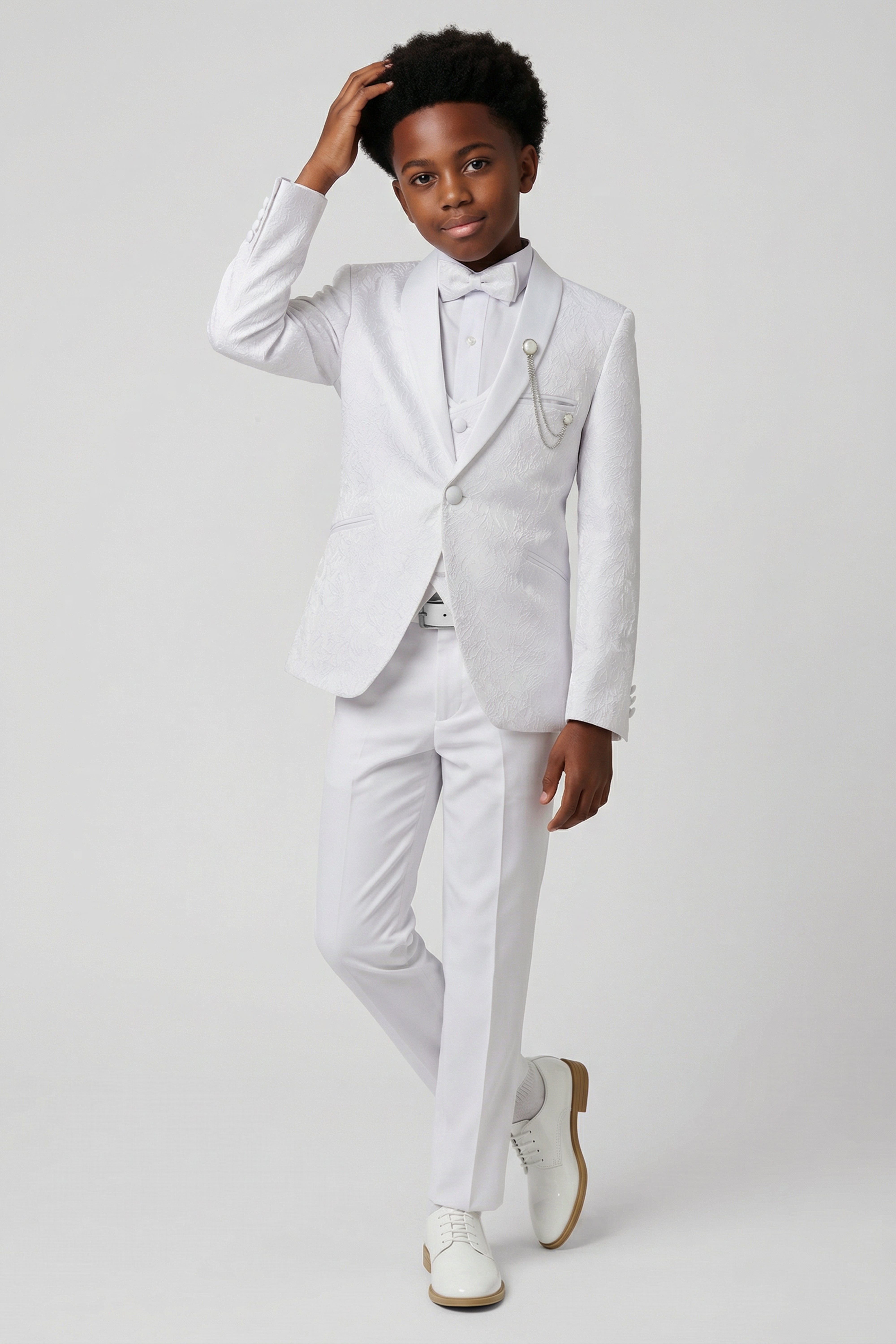 Boys’ 5 Piece White Floral Textured Communion Tuxedo Suit - White