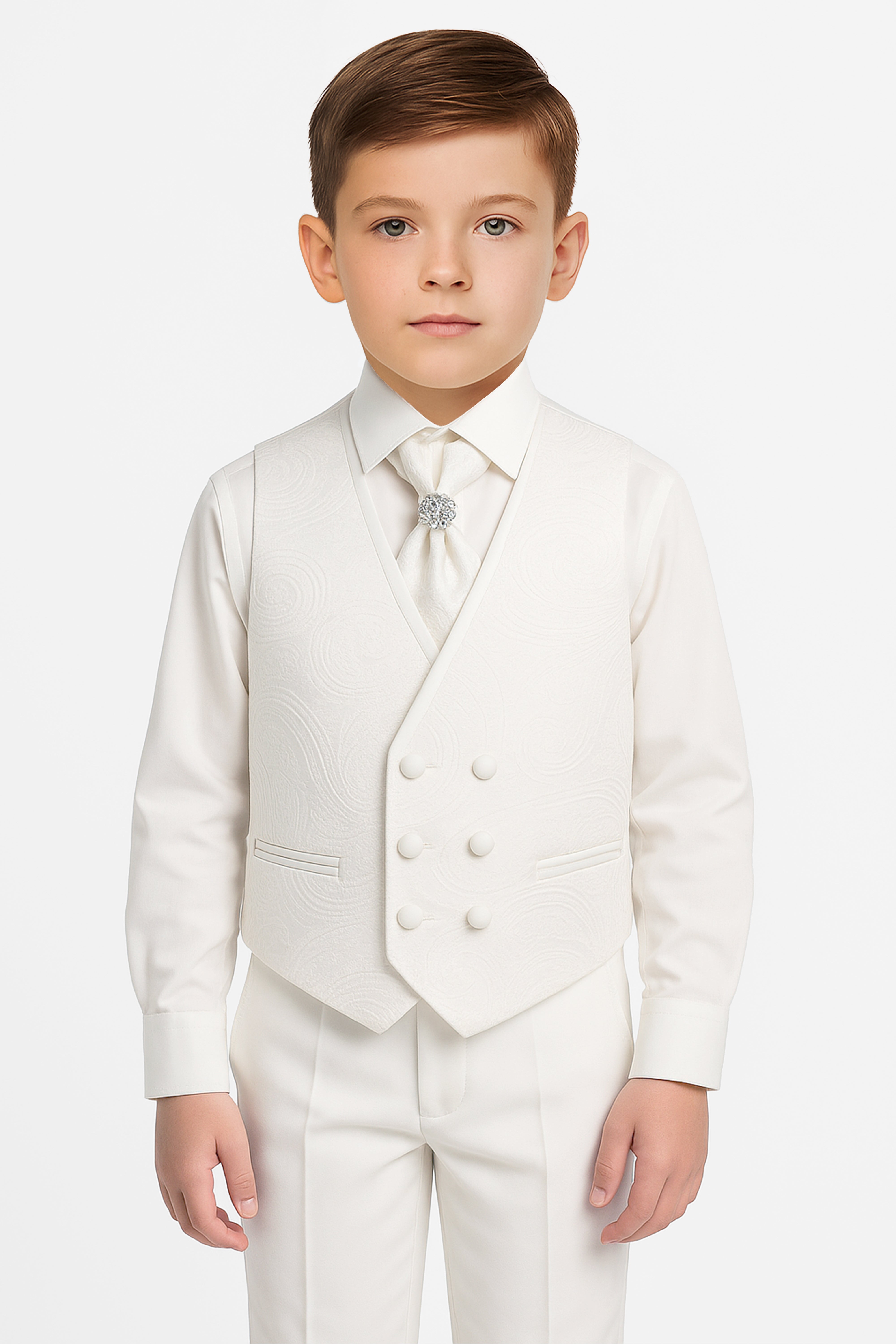 Boys 5 PC Ivory Suit Set, with Double-breasted Vest - Ivory