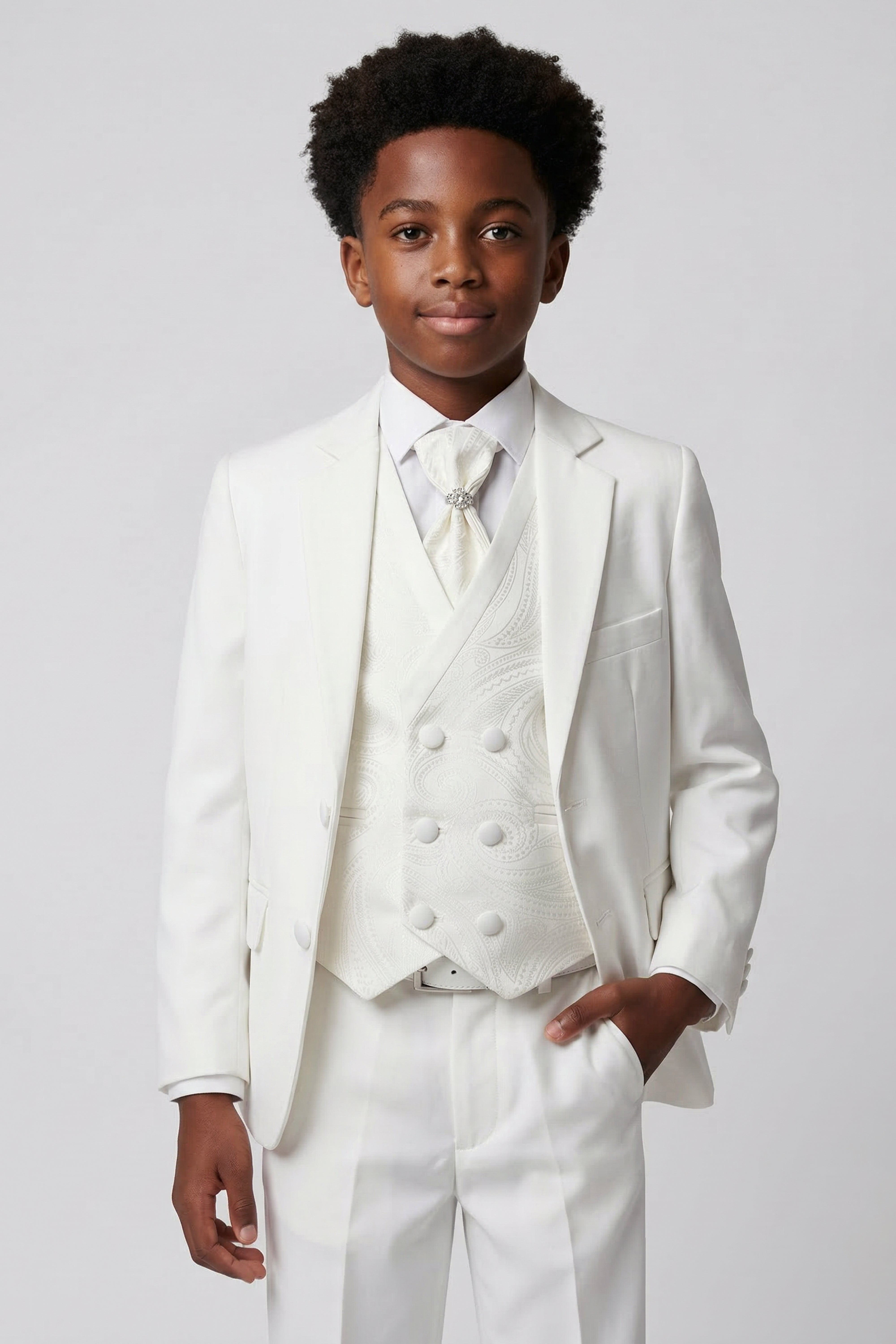 Boys 5 PC Ivory Suit Set, with Double-breasted Vest - Ivory Model Picture