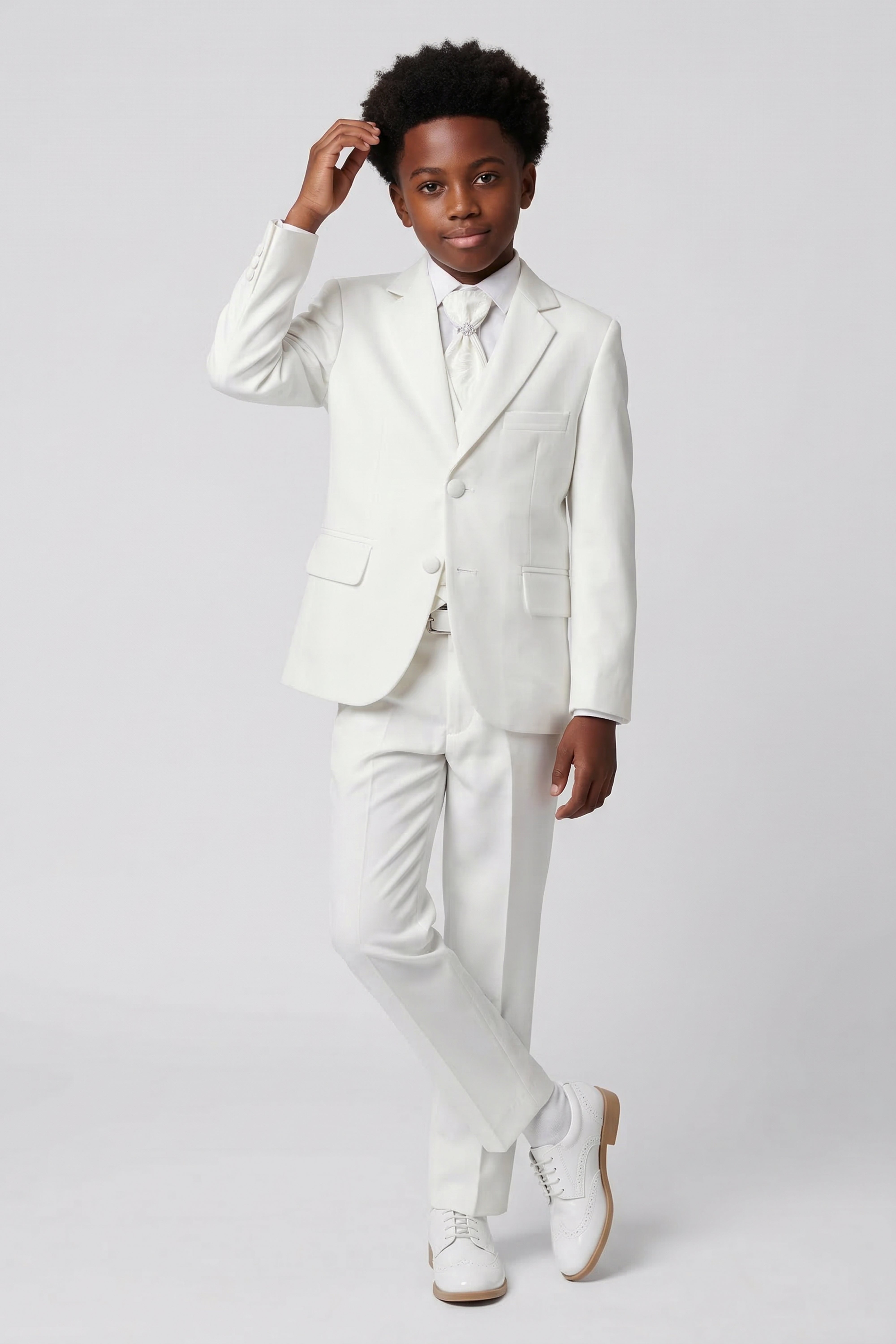 Boys 5 PC Ivory Suit Set, with Double-breasted Vest - Ivory Front Picture