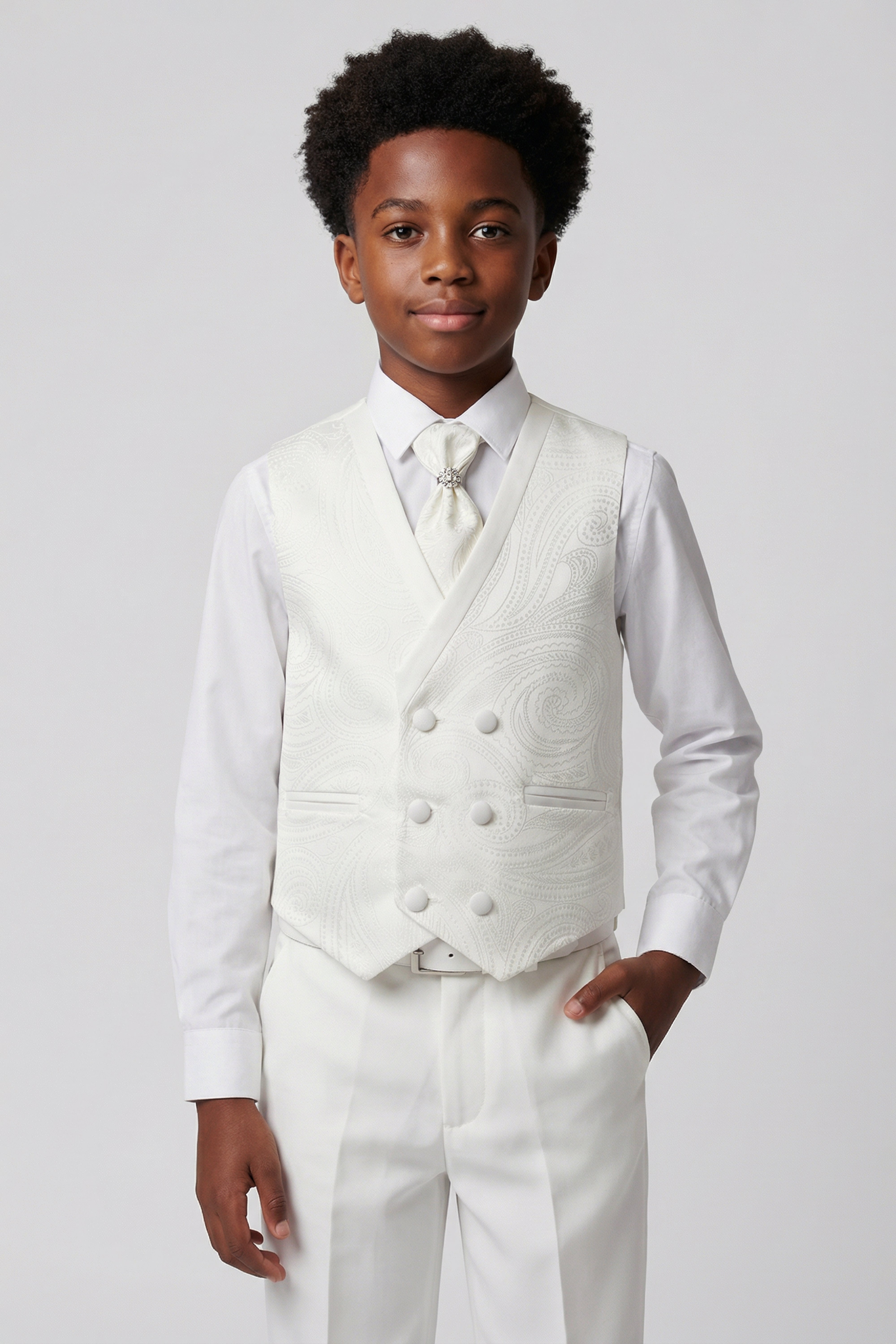 Boys 5 PC Ivory Suit Set, with Double-breasted Vest - Ivory Model Waiistcoat Picture