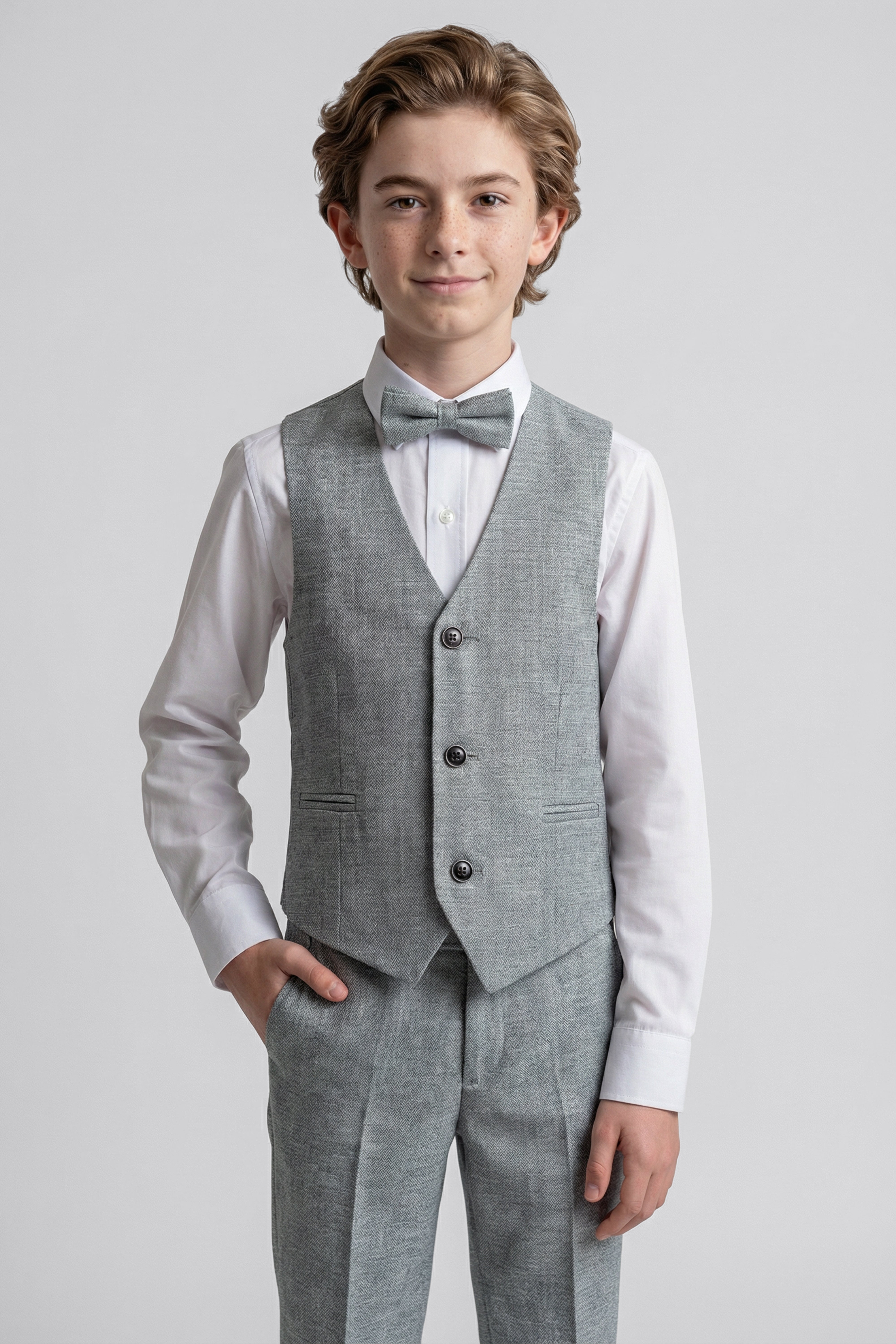 Boys’ 6-Piece Formal Ottoman Suit with Mandarin Collar - Grey Waistcoat Picture