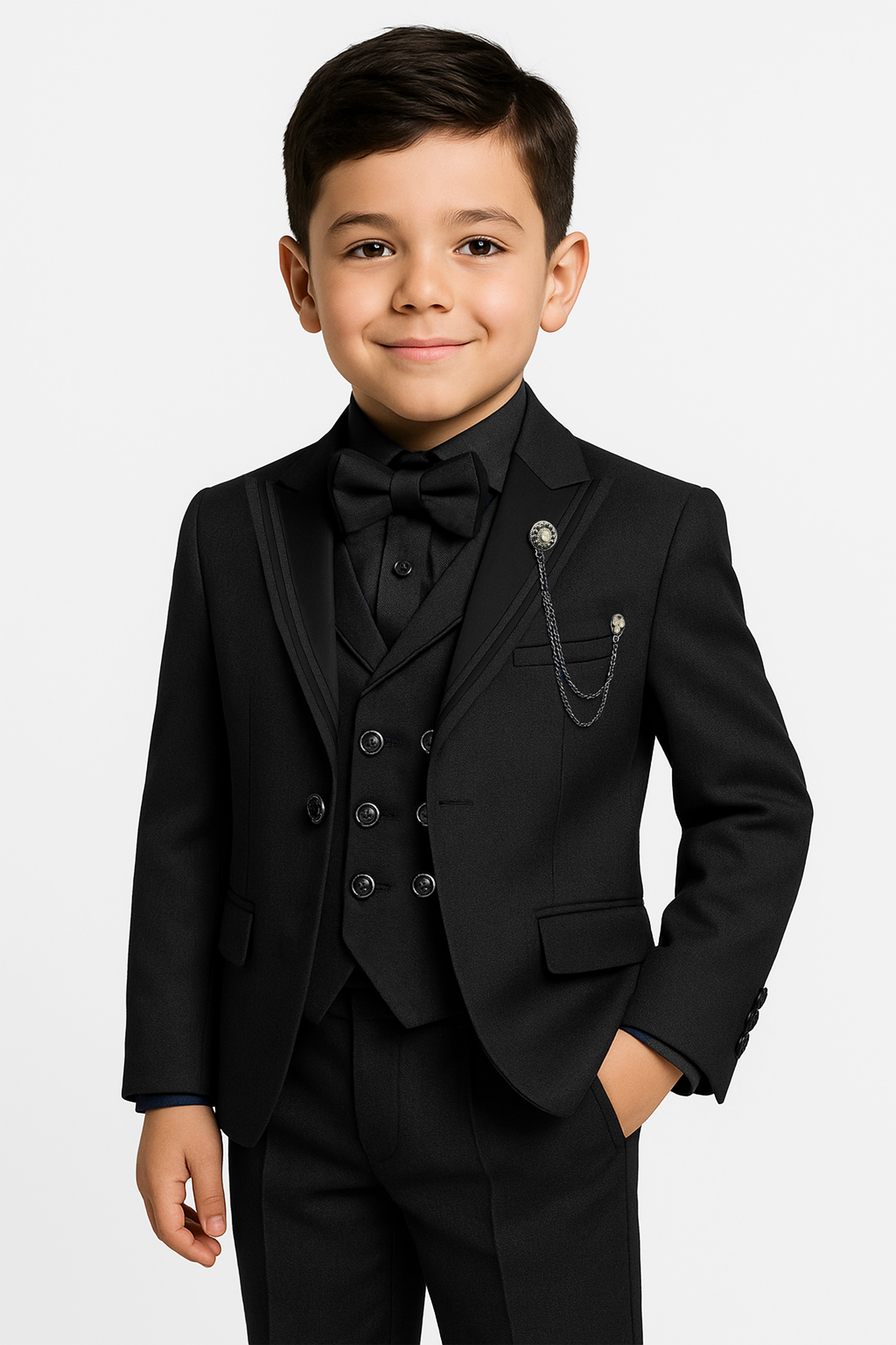 Boys’ 6-Piece Tuxedo Dinner Suit with Double Breasted Waistcoat - DAMATLIK - Black