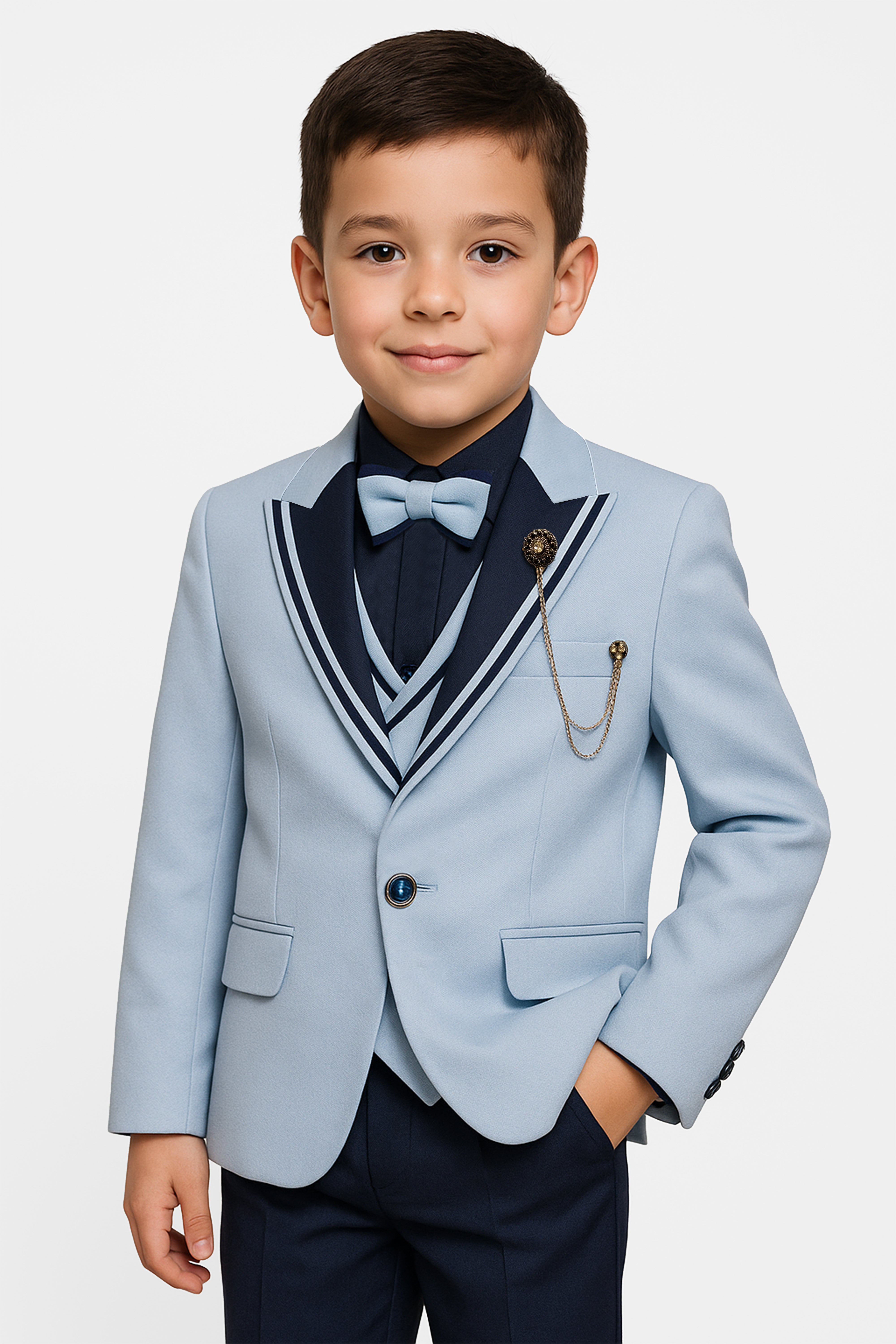 Boys’ 6-Piece Tuxedo Dinner Suit with Double Breasted Waistcoat - DAMATLIK - Blue