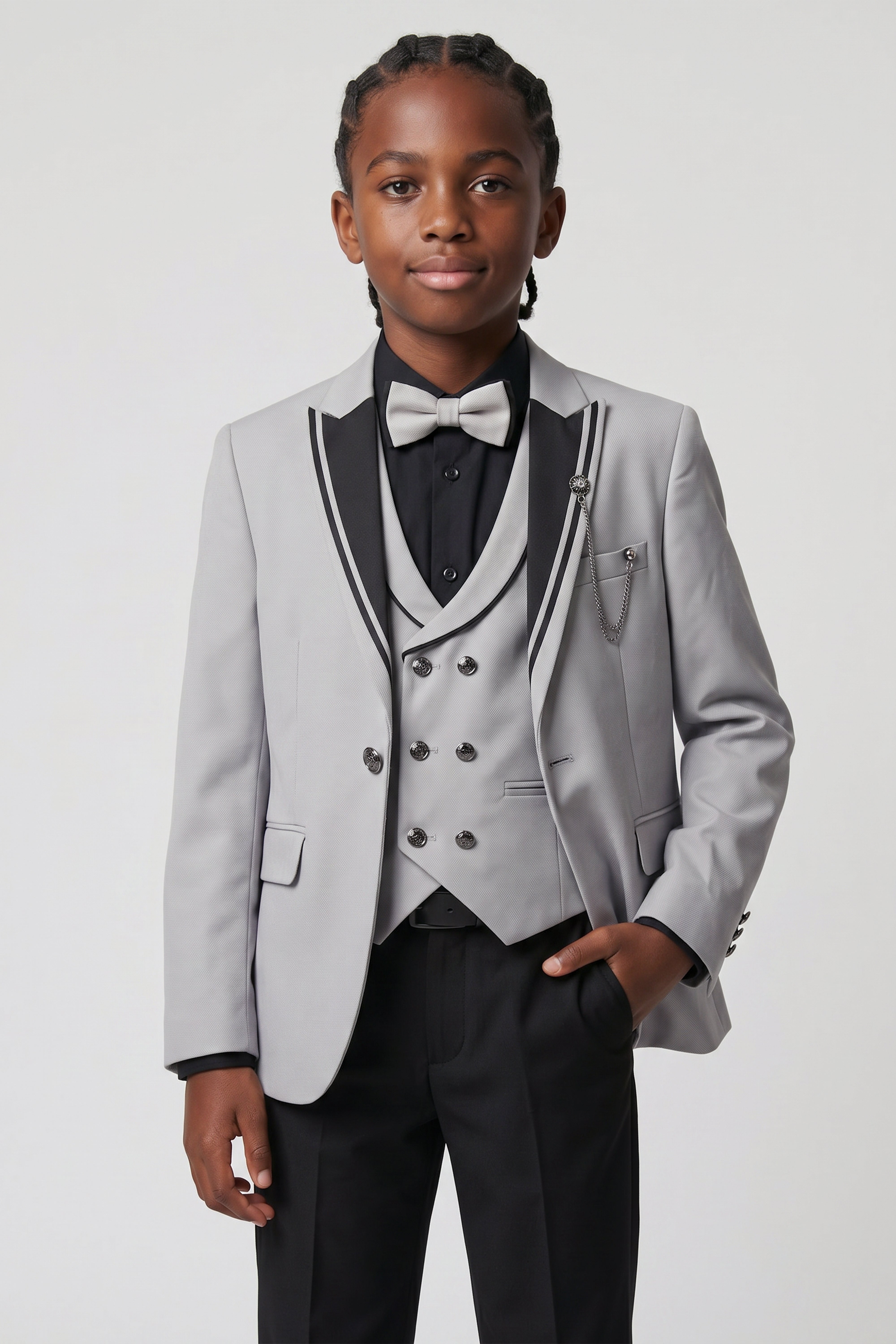 Boys’ 6-Piece Tuxedo Dinner Suit with Double Breasted Waistcoat - DAMATLIK - Grey