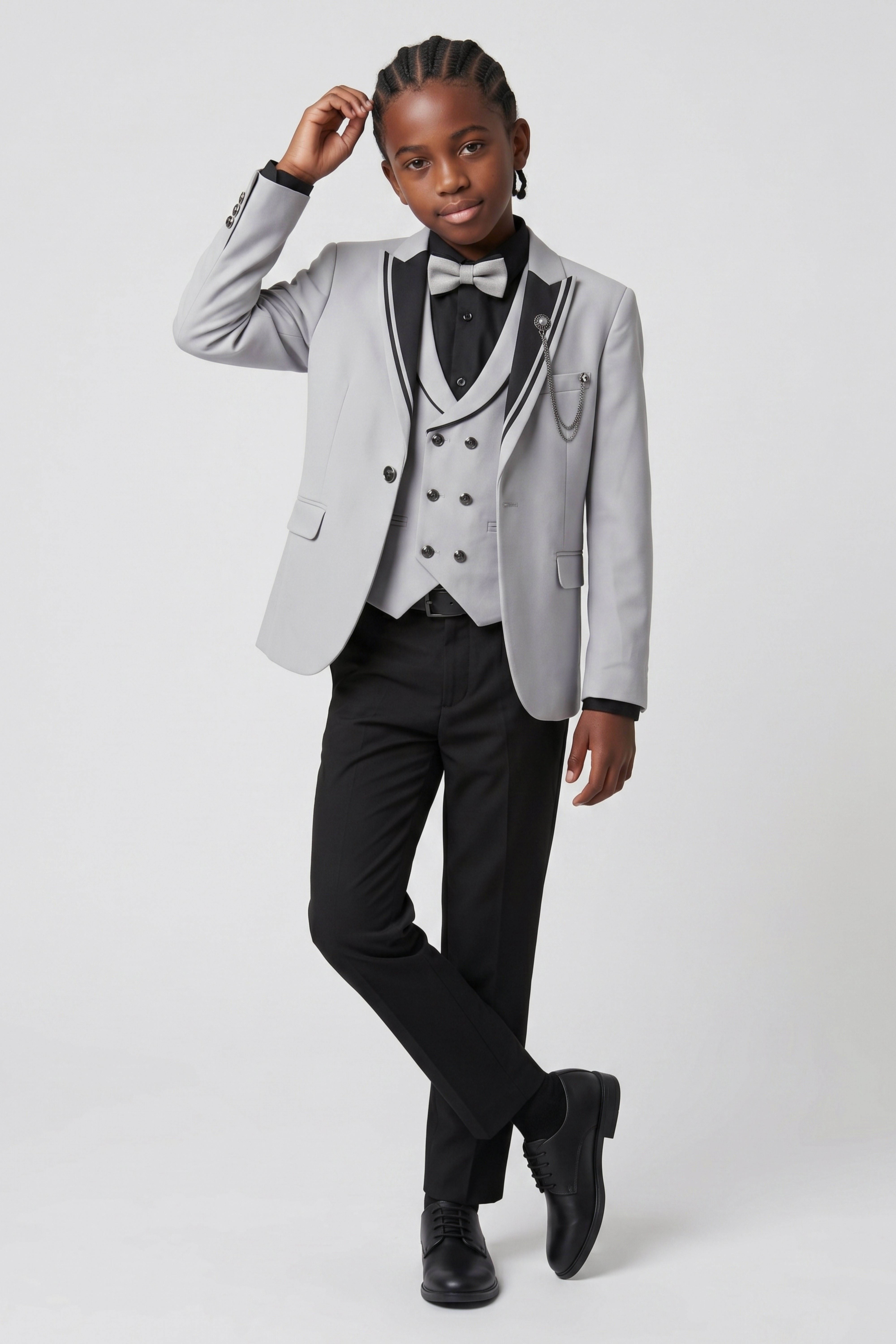 Boys’ 6-Piece Tuxedo Dinner Suit with Double Breasted Waistcoat - DAMATLIK - Grey