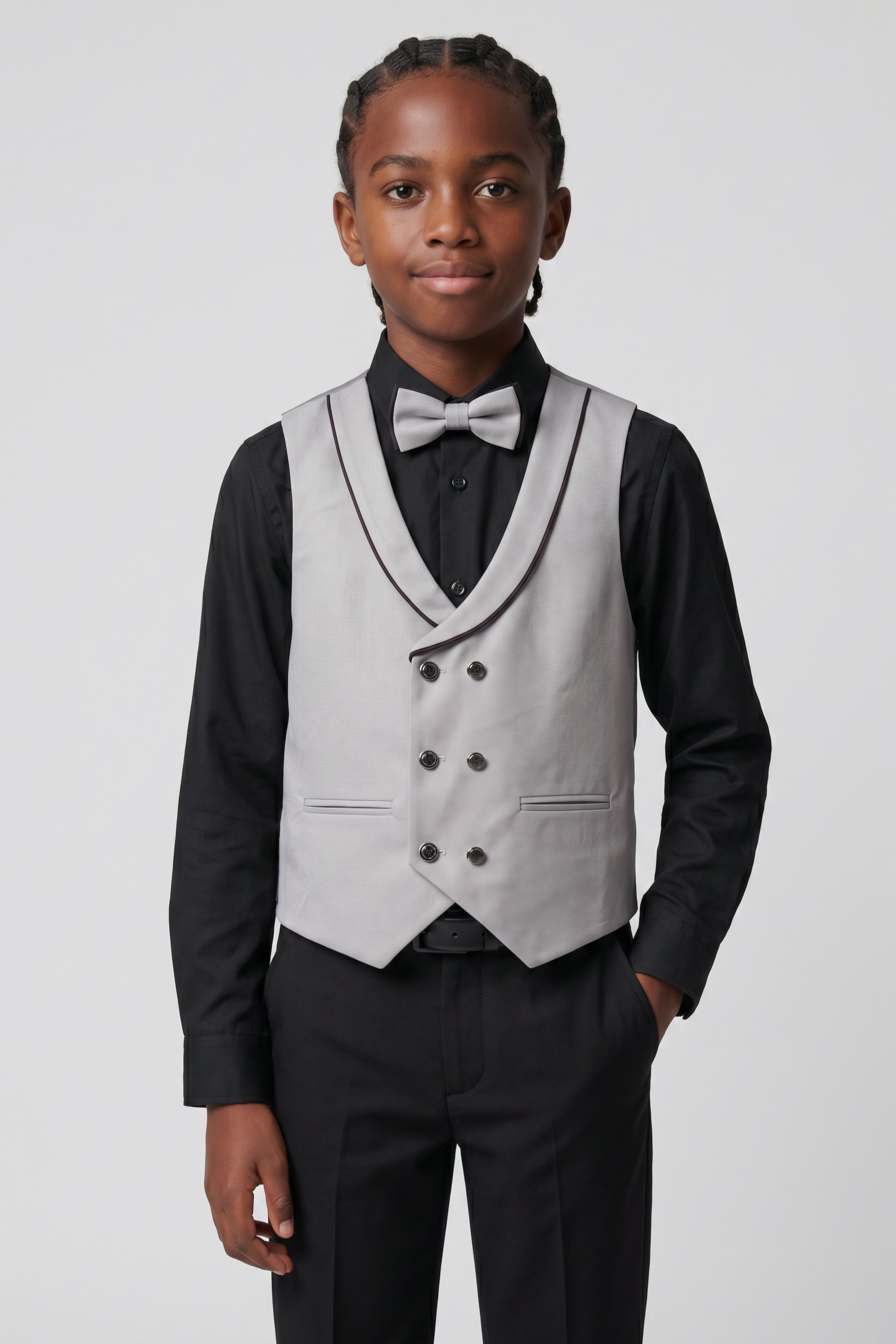 Boys’ 6-Piece Tuxedo Dinner Suit with Double Breasted Waistcoat - DAMATLIK - Grey
