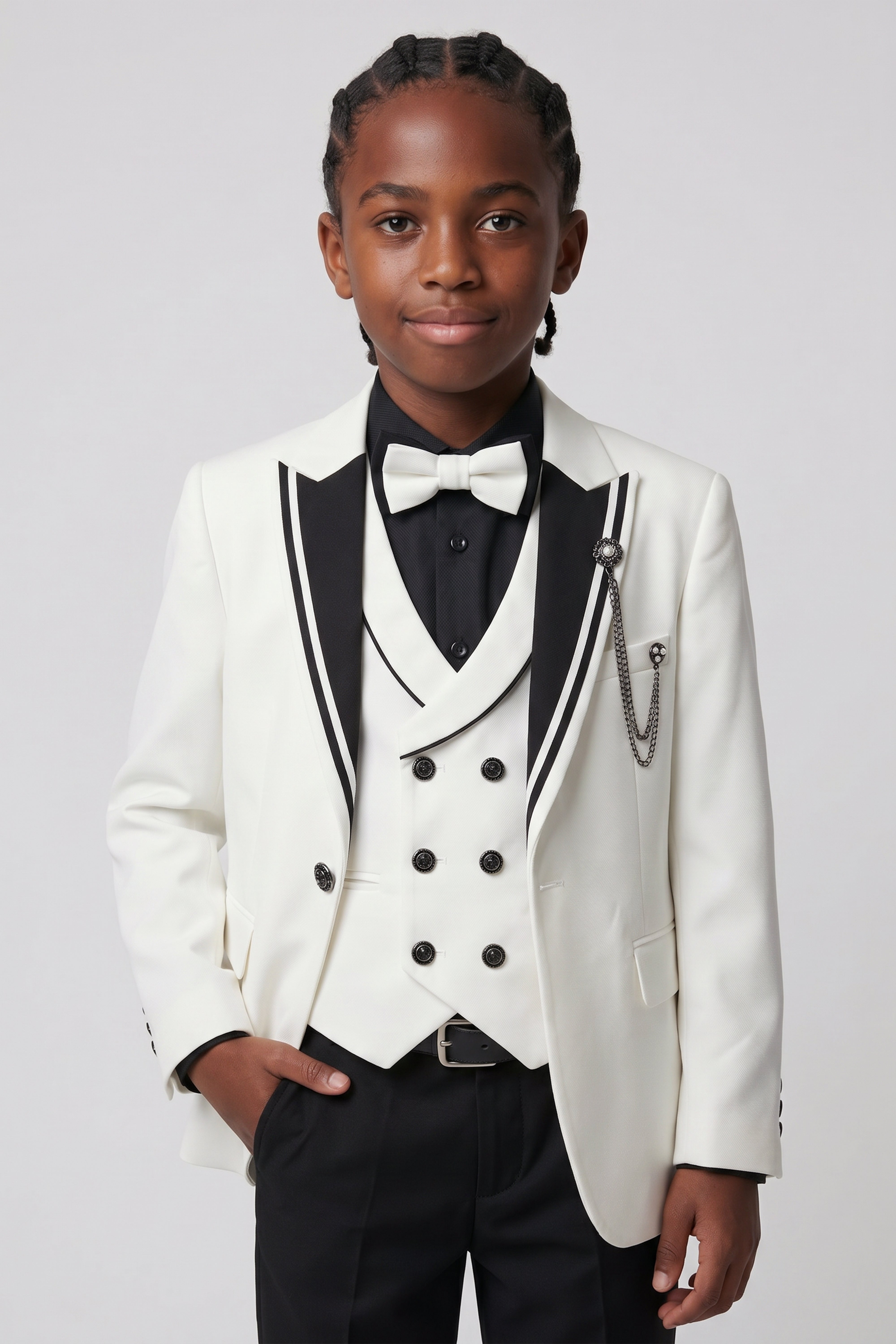 Boys’ 6-Piece Tuxedo Dinner Suit with Double Breasted Waistcoat - DAMATLIK - Ivory