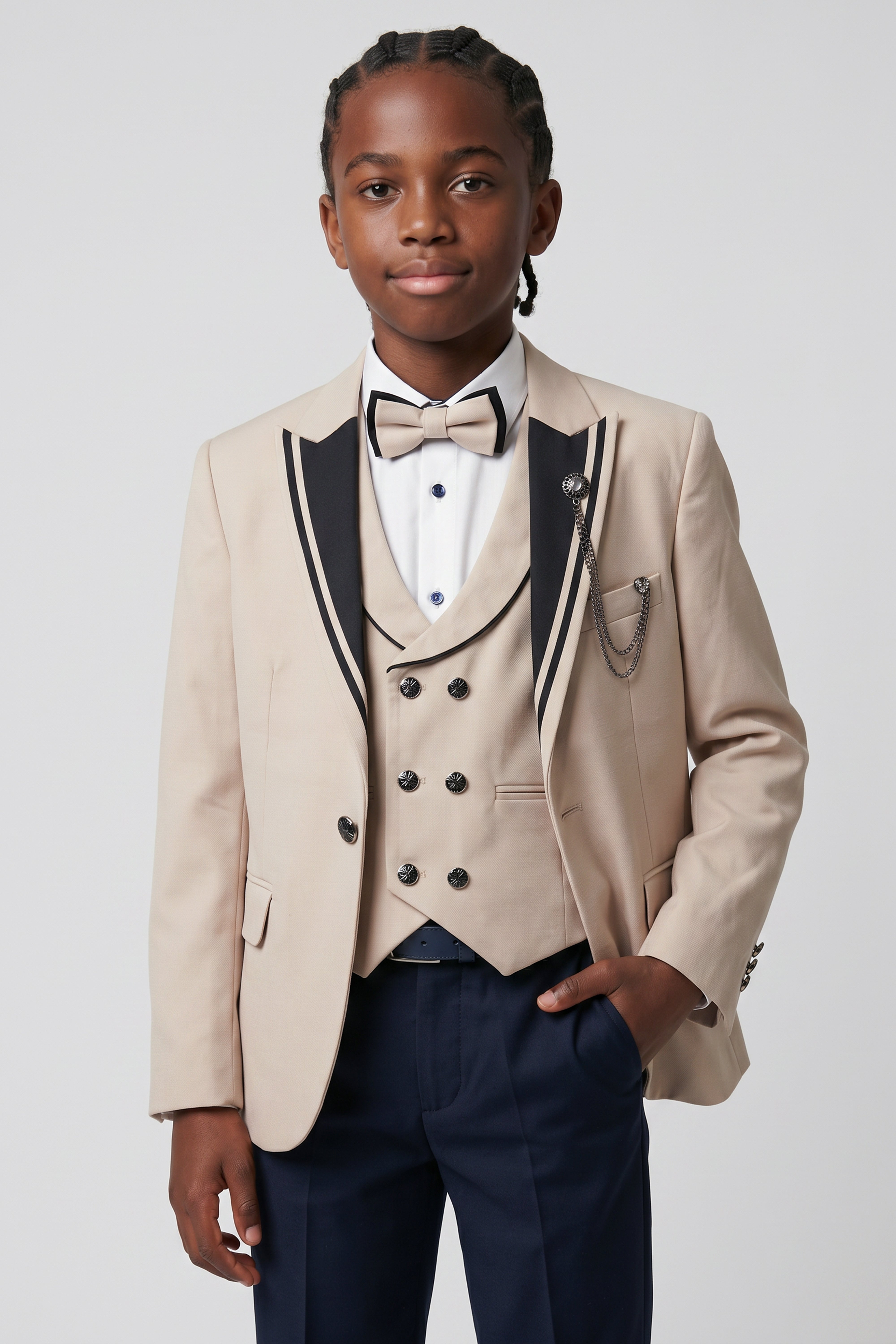 Boys 6-Piece Tuxedo Dinner Suit with Double Breasted Waistcoat - DAMATLIK W - Camel Beige