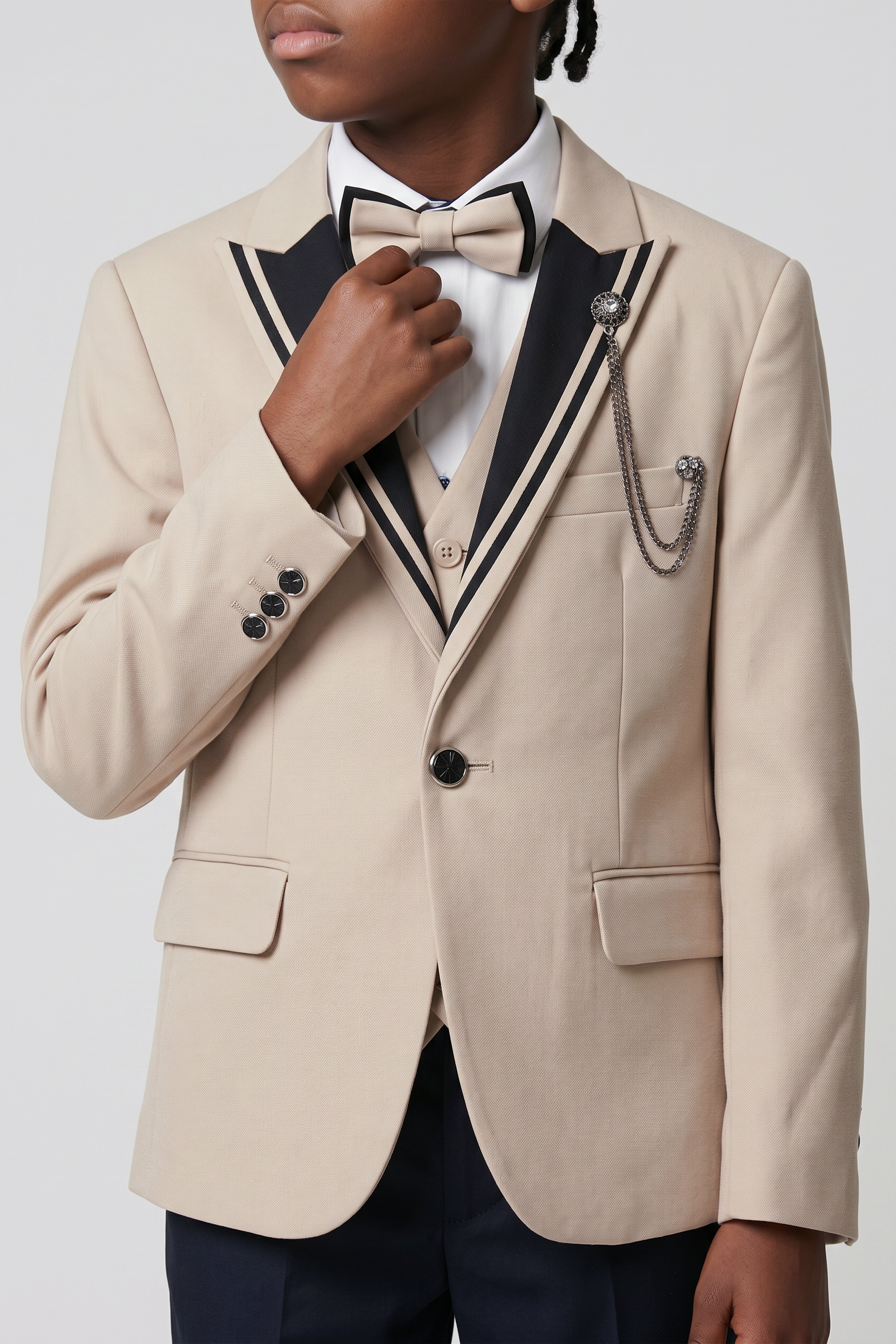 Boys 6-Piece Tuxedo Dinner Suit with Double Breasted Waistcoat - DAMATLIK W - Camel Beige