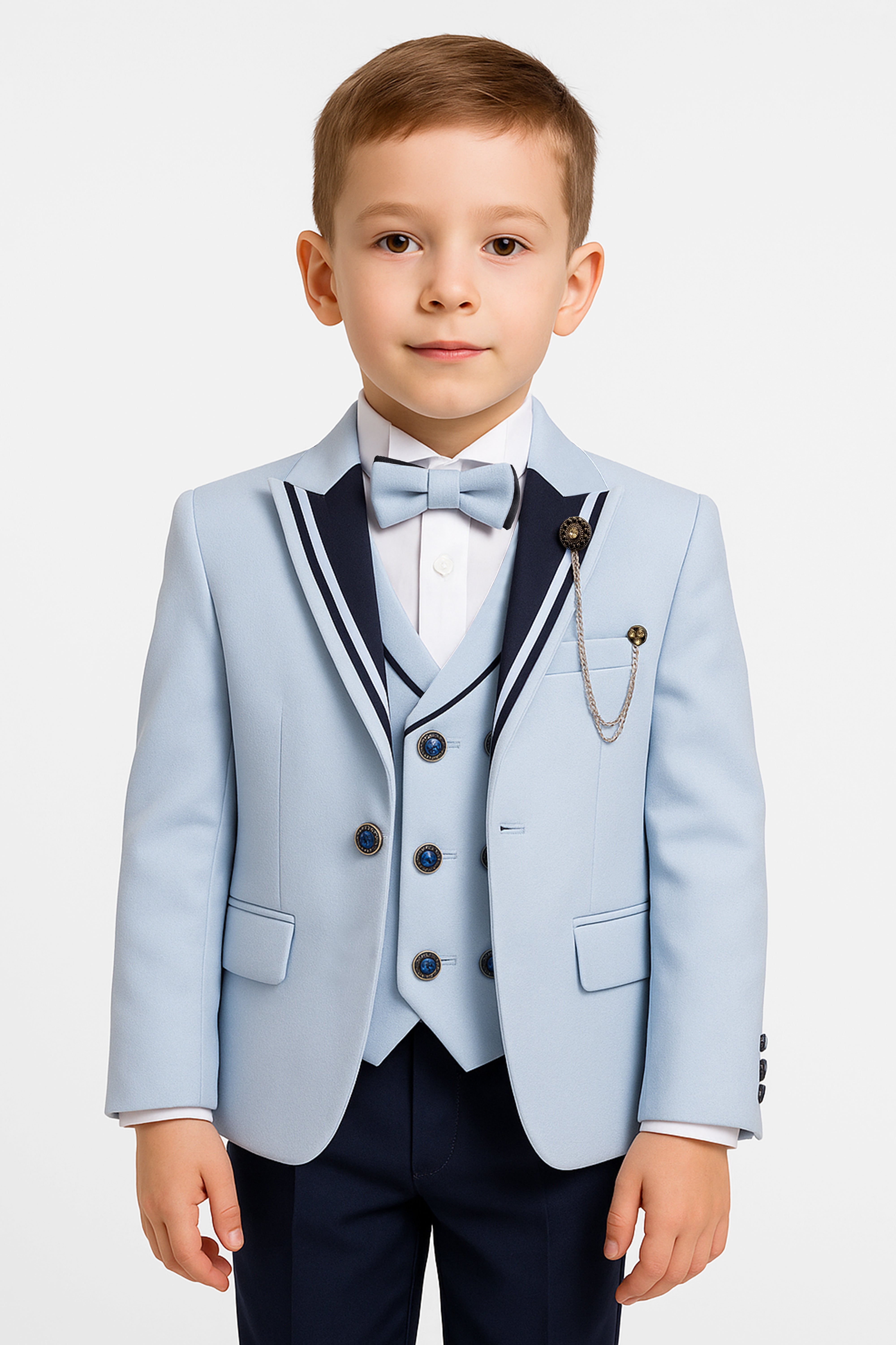 Boys’ 6-Piece Tuxedo Dinner Suit with Double Breasted Waistcoat - DAMATLIK W - Blue
