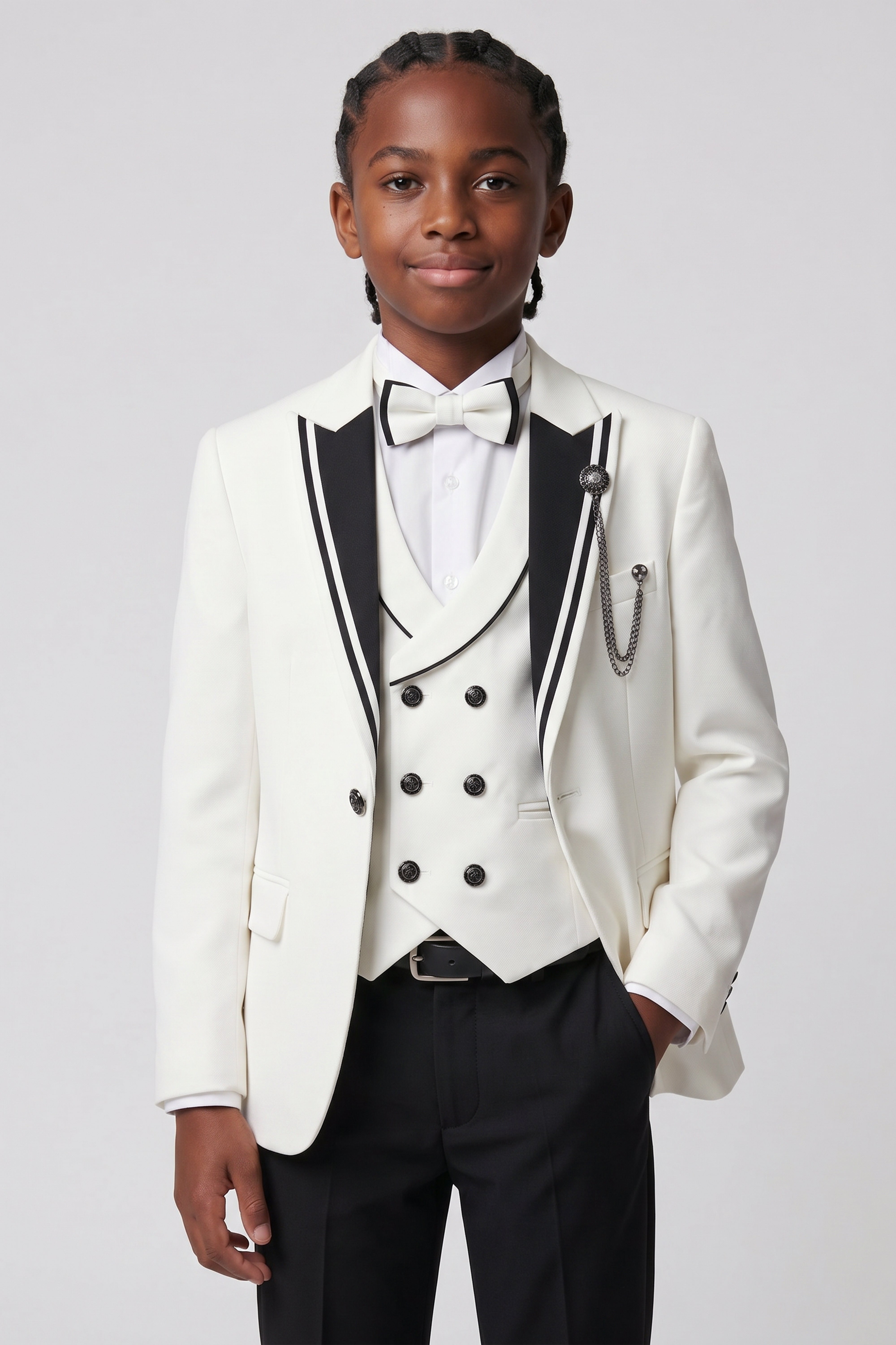 Boys’ 6-Piece Tuxedo Dinner Suit with Double Breasted Waistcoat - DAMATLIK W - Ivory