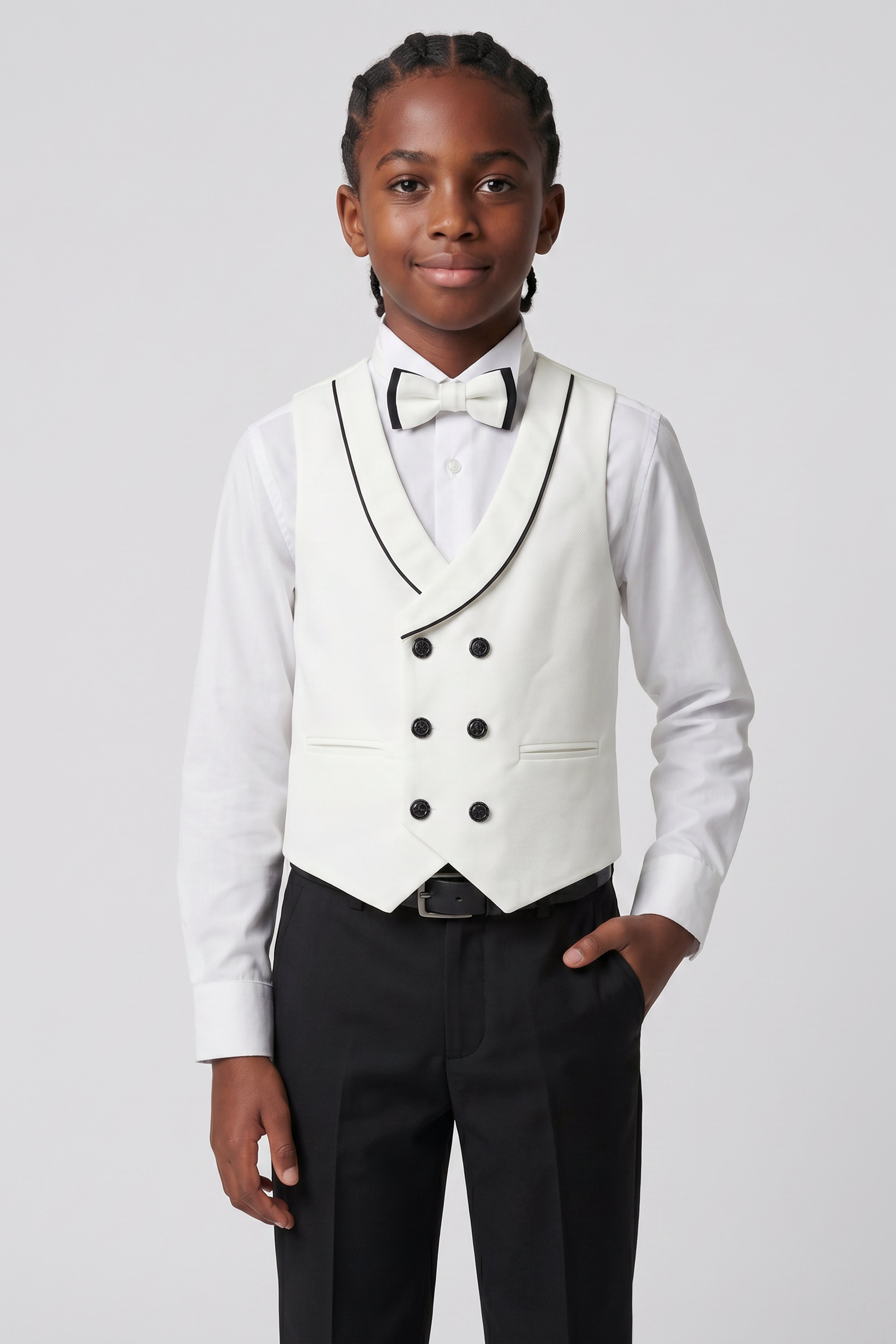 Boys’ 6-Piece Tuxedo Dinner Suit with Double Breasted Waistcoat - DAMATLIK W - Ivory