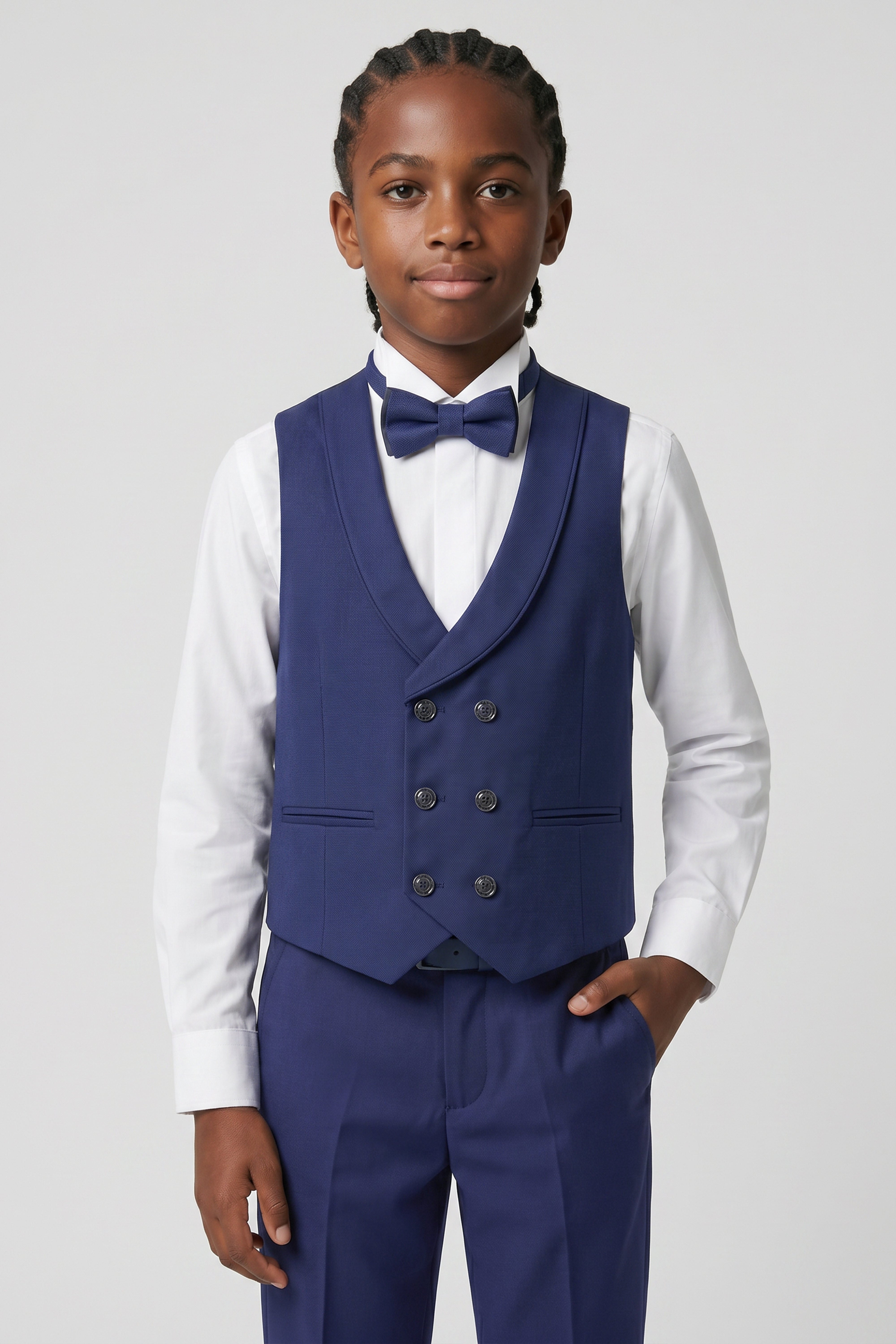 Boys’ 6-Piece Tuxedo Dinner Suit with Double Breasted Waistcoat - DAMATLIK W - Navy