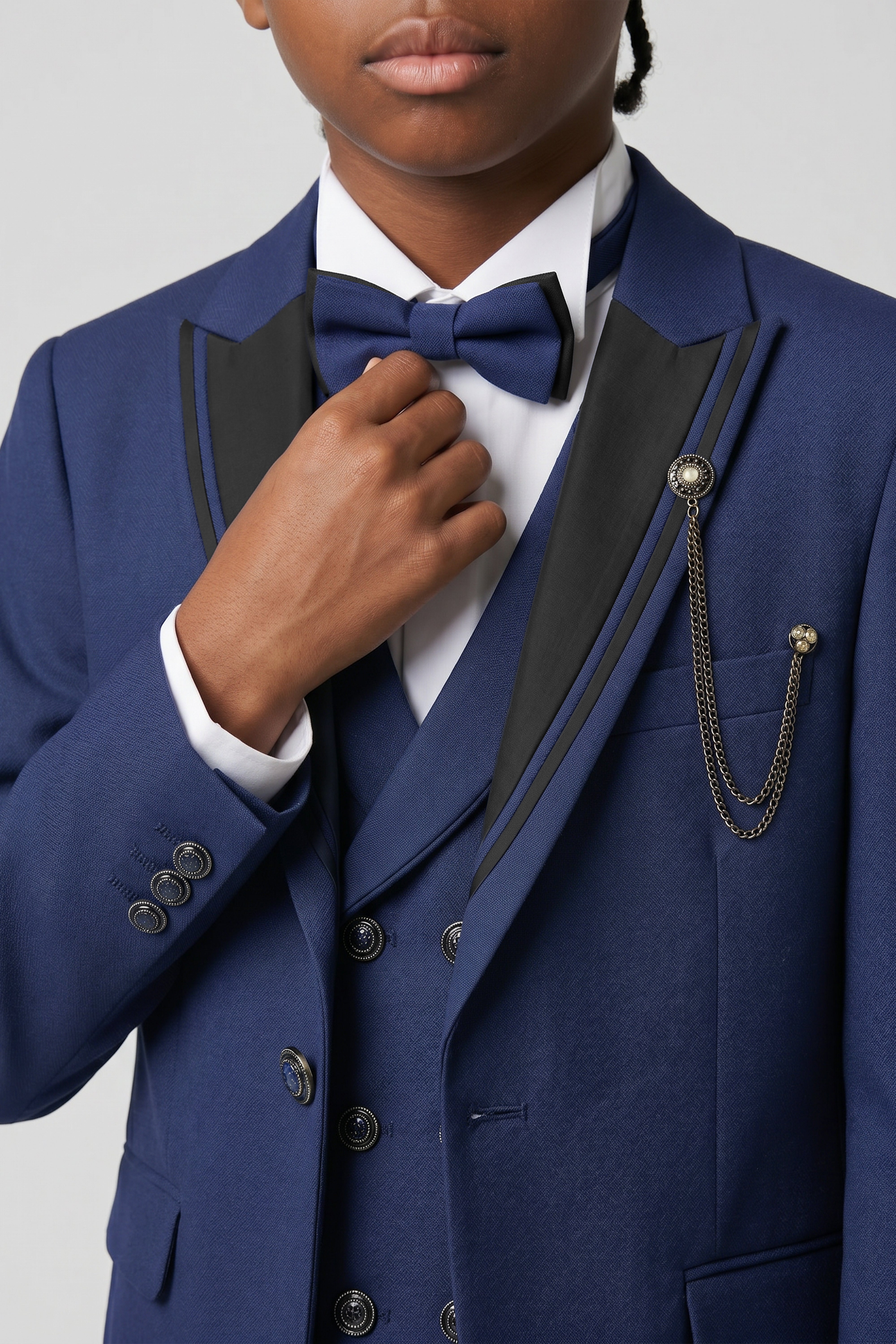 Boys’ 6-Piece Tuxedo Dinner Suit with Double Breasted Waistcoat - DAMATLIK W - Navy