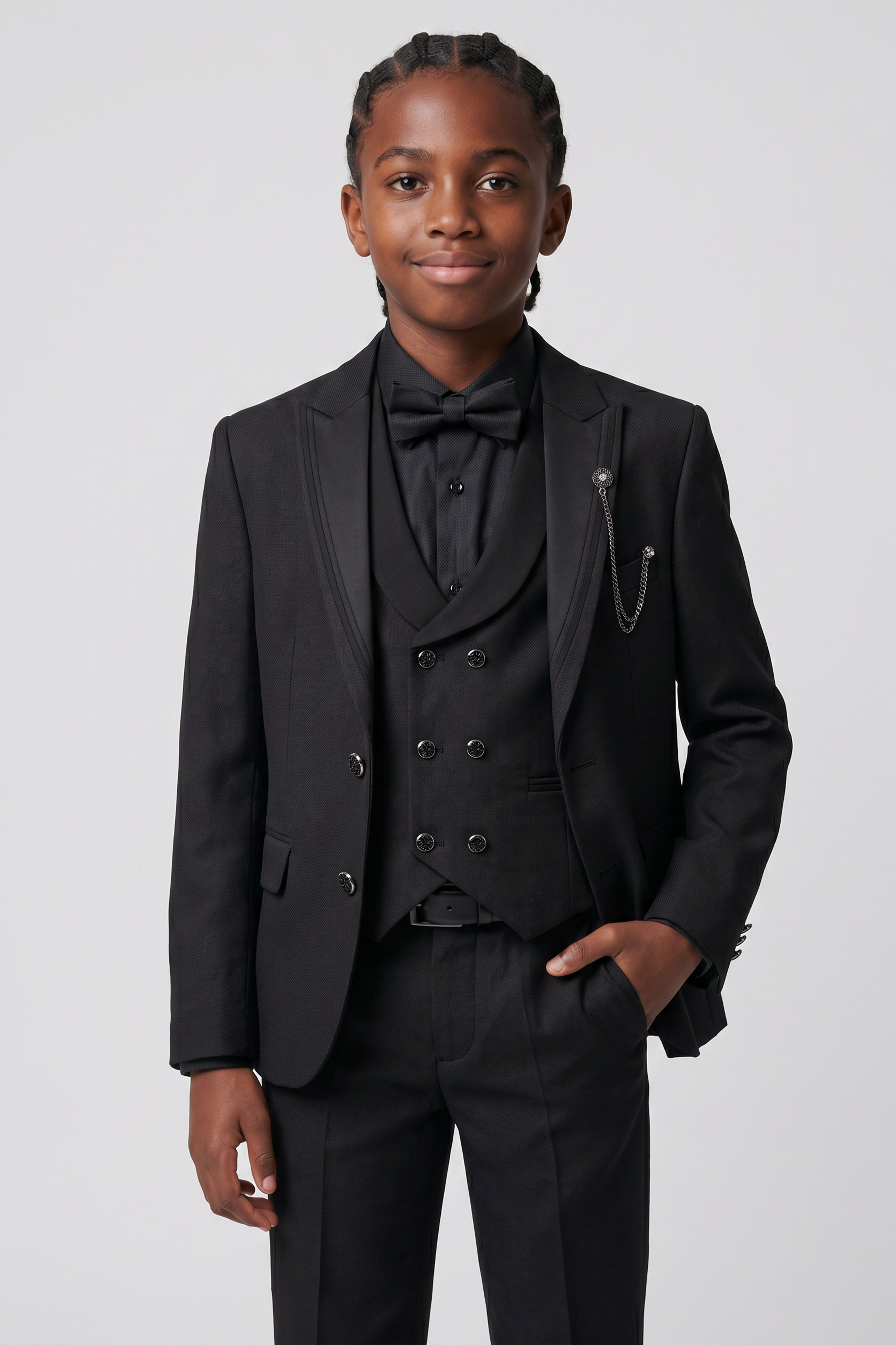 Boys’ 6-Piece Tuxedo Dinner Suit with Double Breasted Waistcoat - DAMATLIK - Black