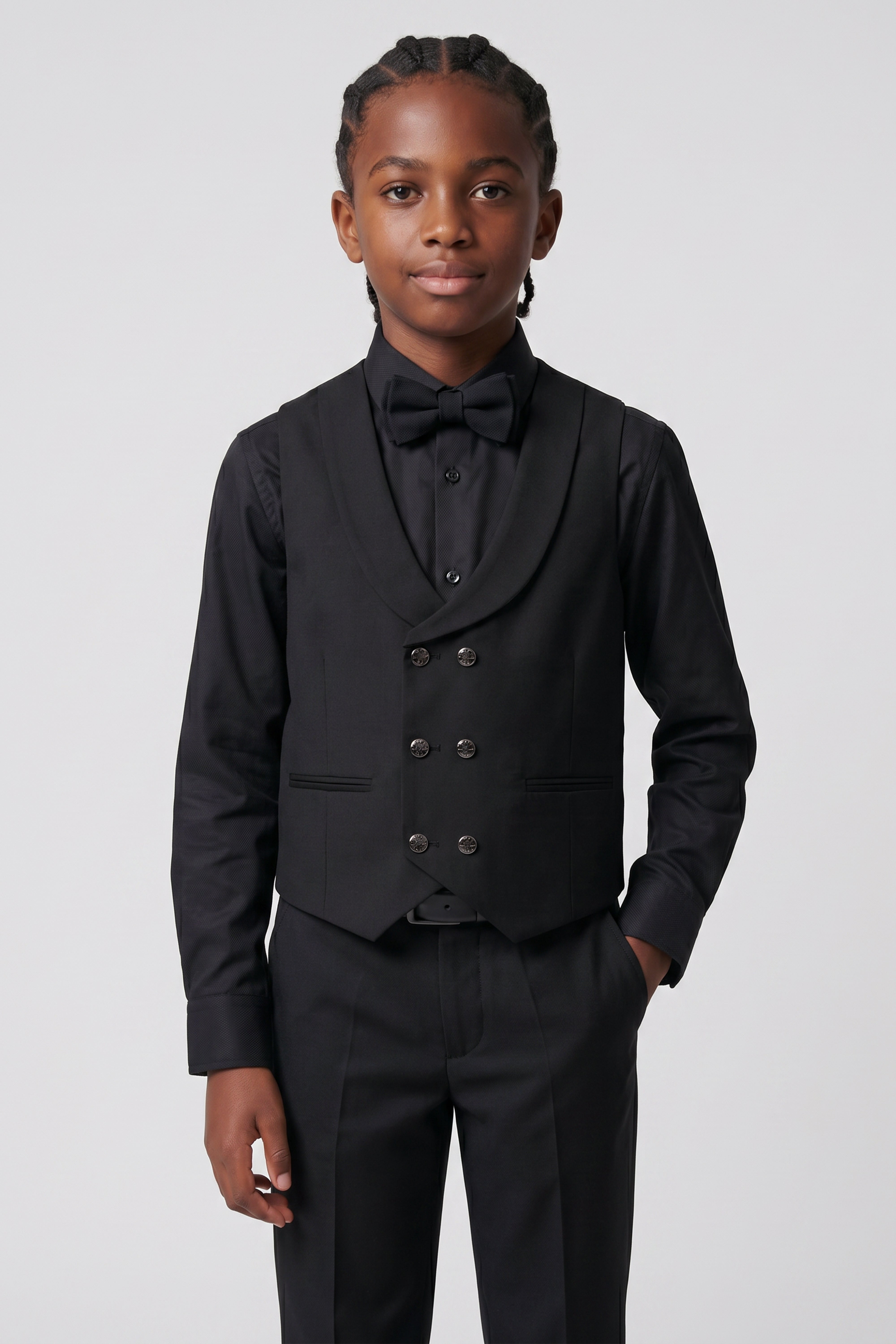 Boys’ 6-Piece Tuxedo Dinner Suit with Double Breasted Waistcoat - DAMATLIK - Black