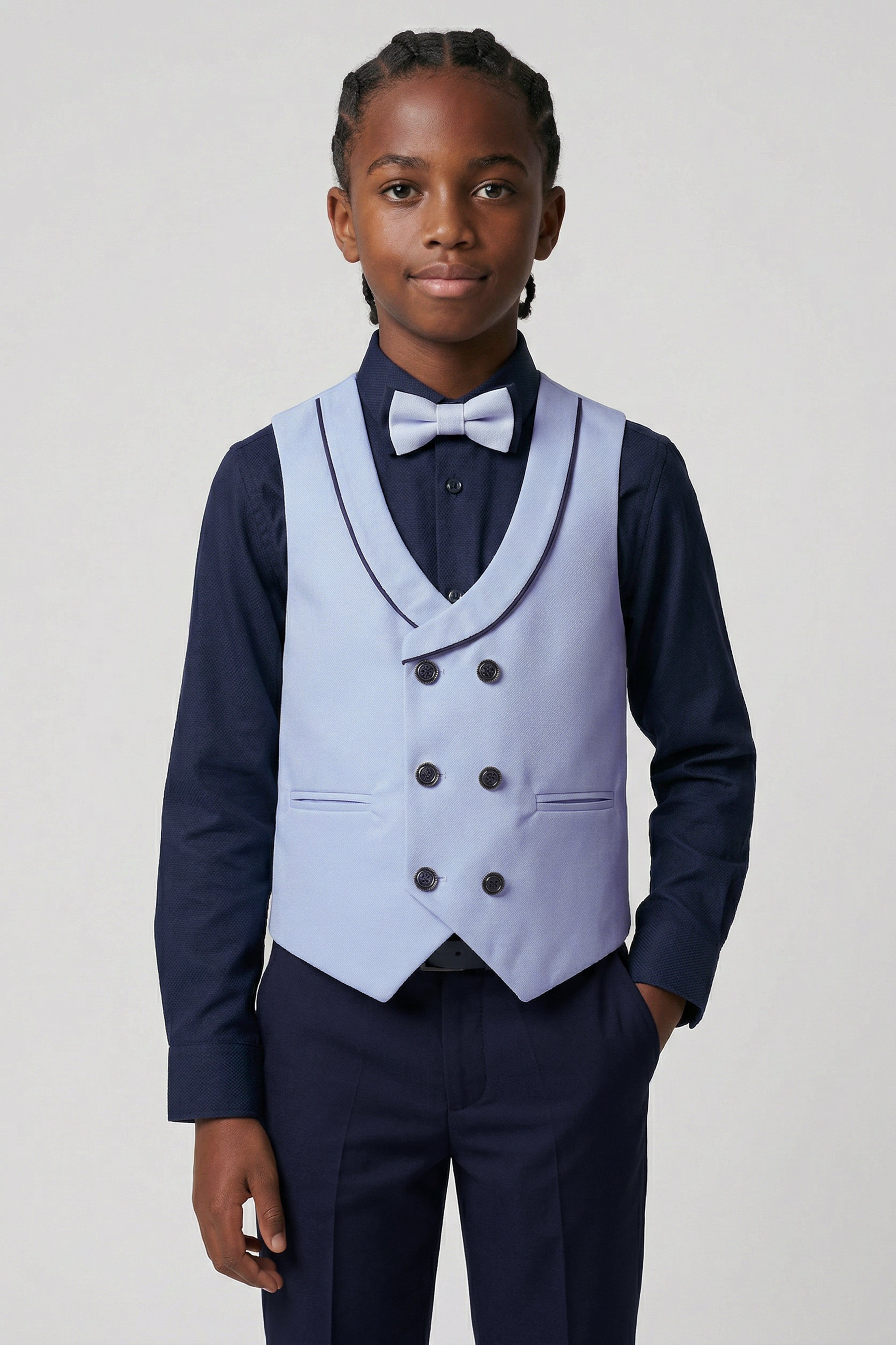 Boys’ 6-Piece Tuxedo Dinner Suit with Double Breasted Waistcoat - DAMATLIK - Blue