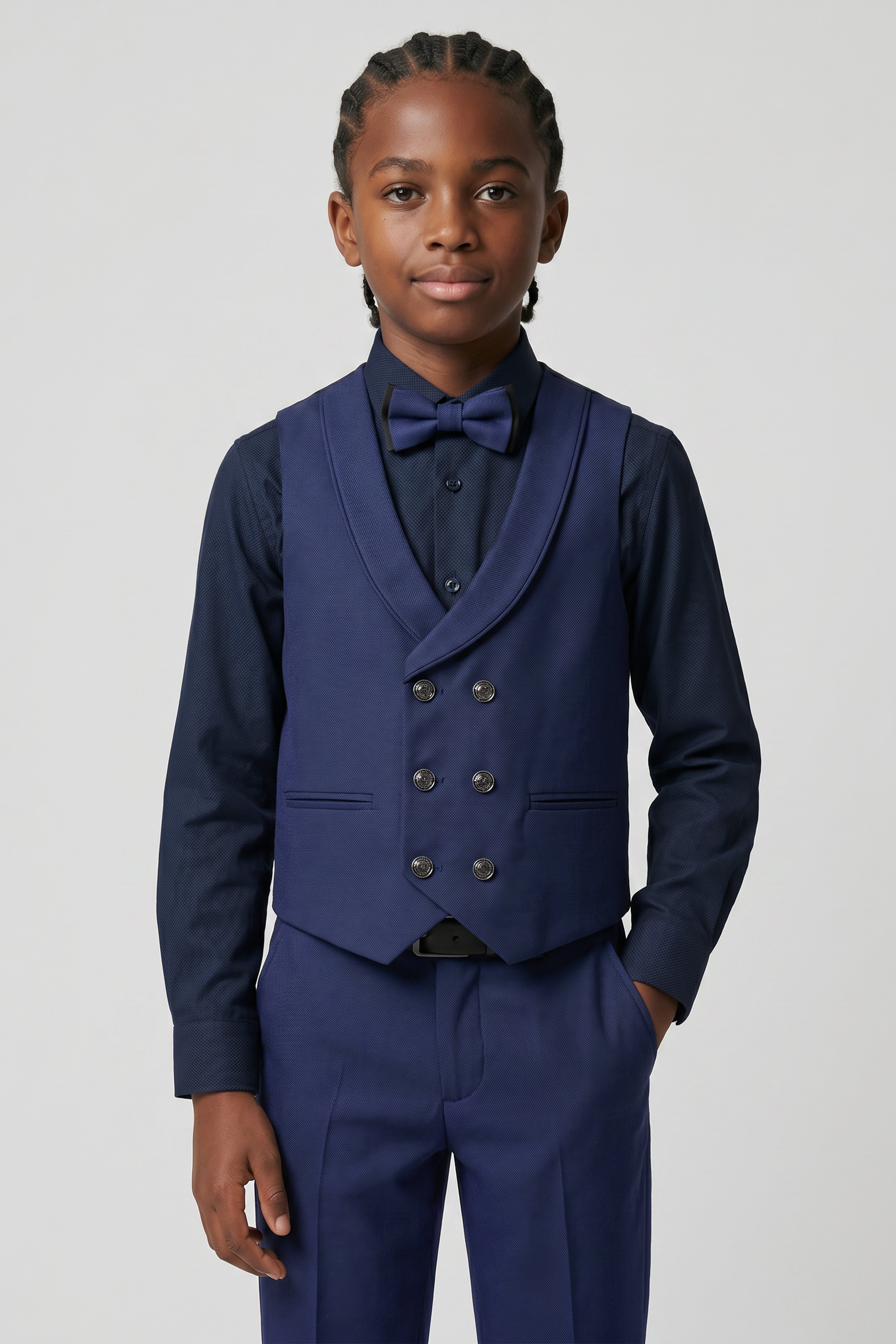 Boys’ 6-Piece Tuxedo Dinner Suit with Double Breasted Waistcoat - DAMATLIK - Navy
