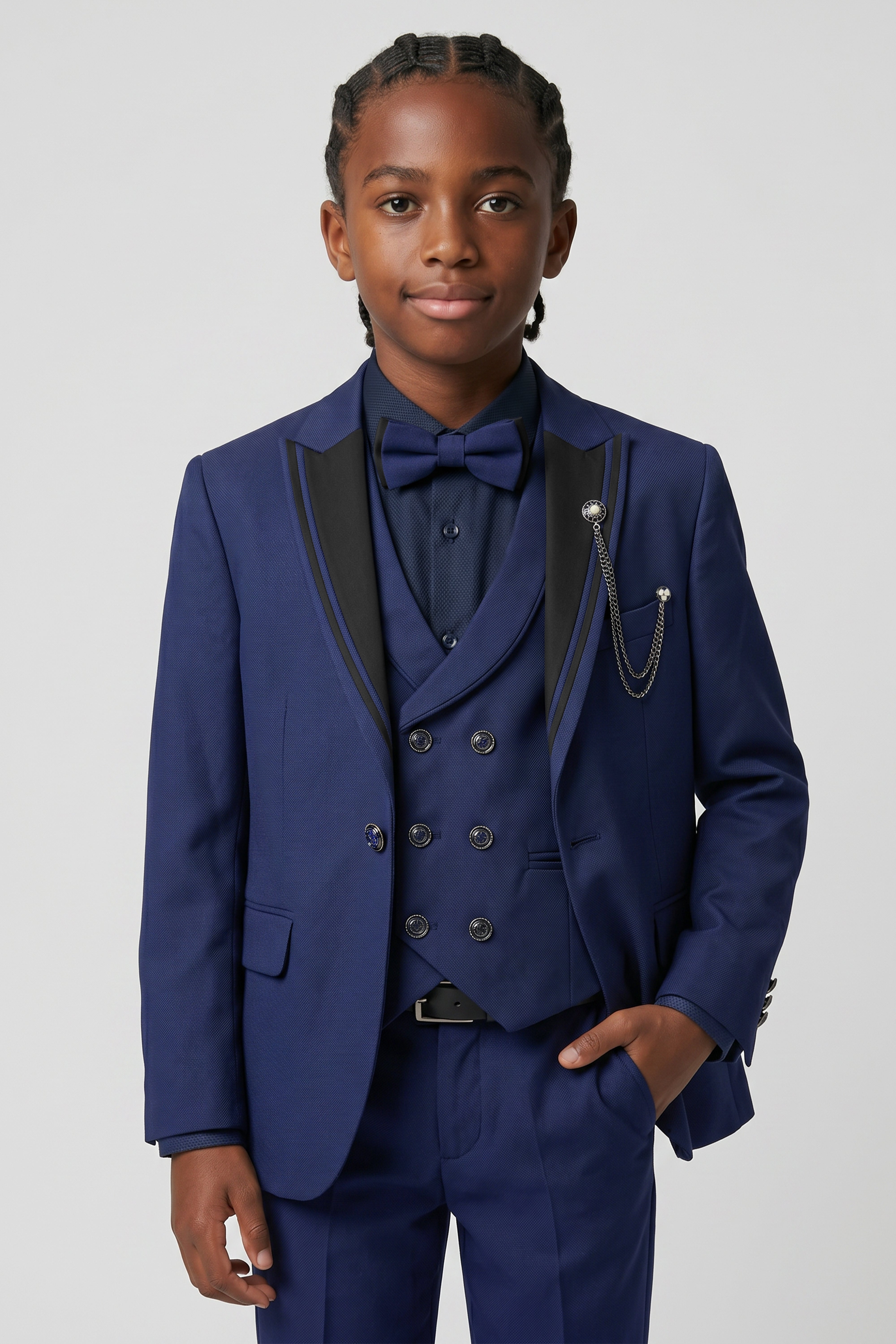 Boys’ 6-Piece Tuxedo Dinner Suit with Double Breasted Waistcoat - DAMATLIK - Navy