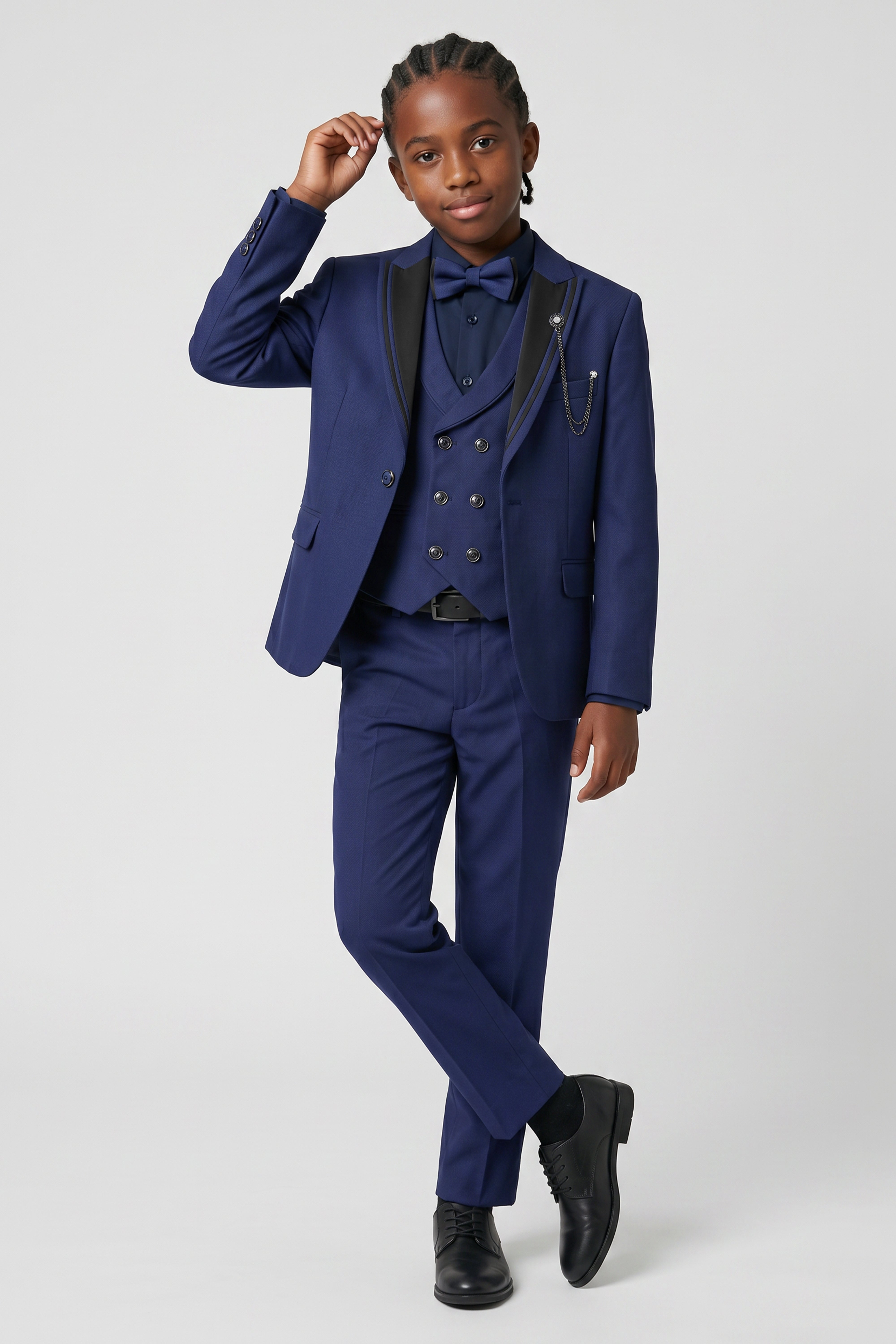 Boys’ 6-Piece Tuxedo Dinner Suit with Double Breasted Waistcoat - DAMATLIK - Navy