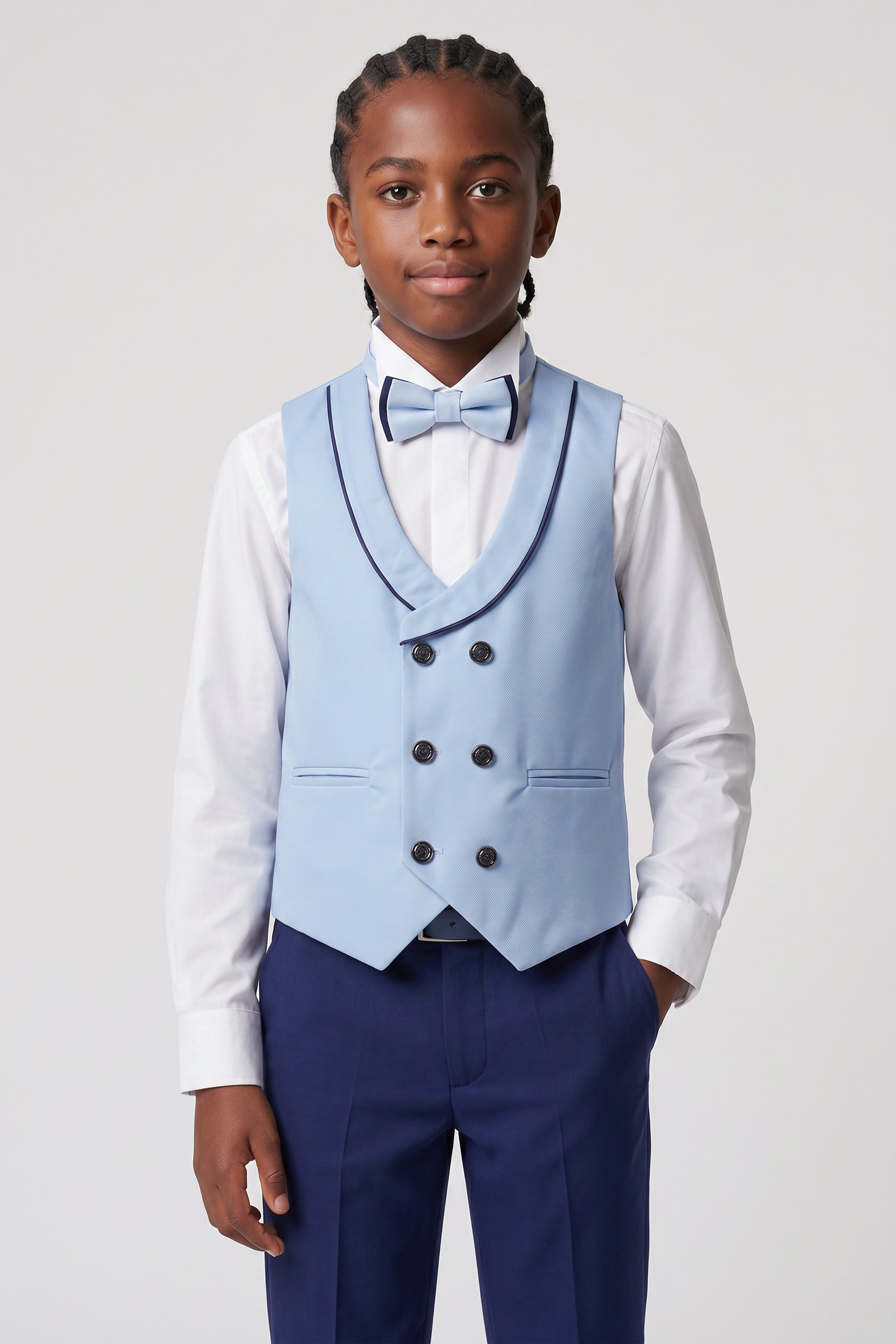 Boys’ 6-Piece Tuxedo Dinner Suit with Double Breasted Waistcoat - DAMATLIK W - Blue
