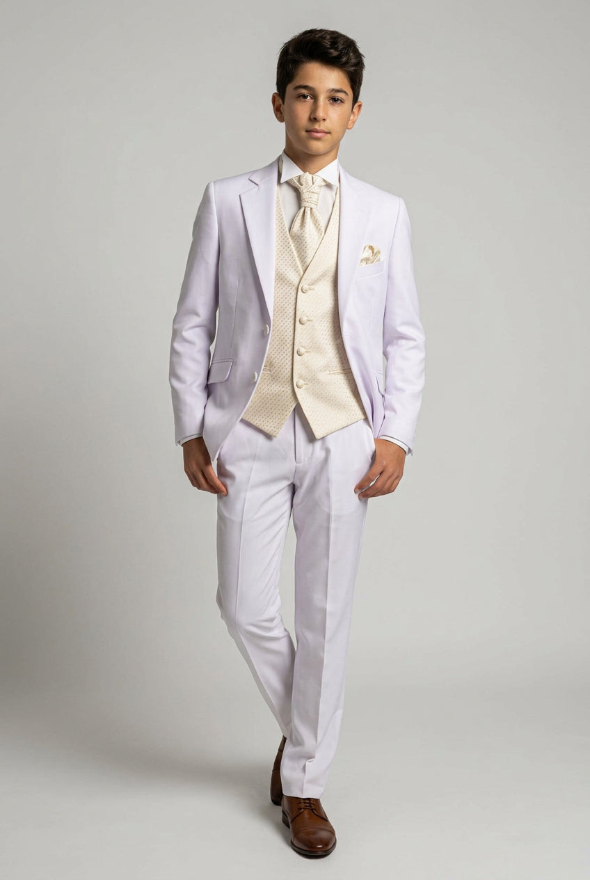 Boys 6 Piece Communion Tailored Fit Suit Set - Off White - Ivory