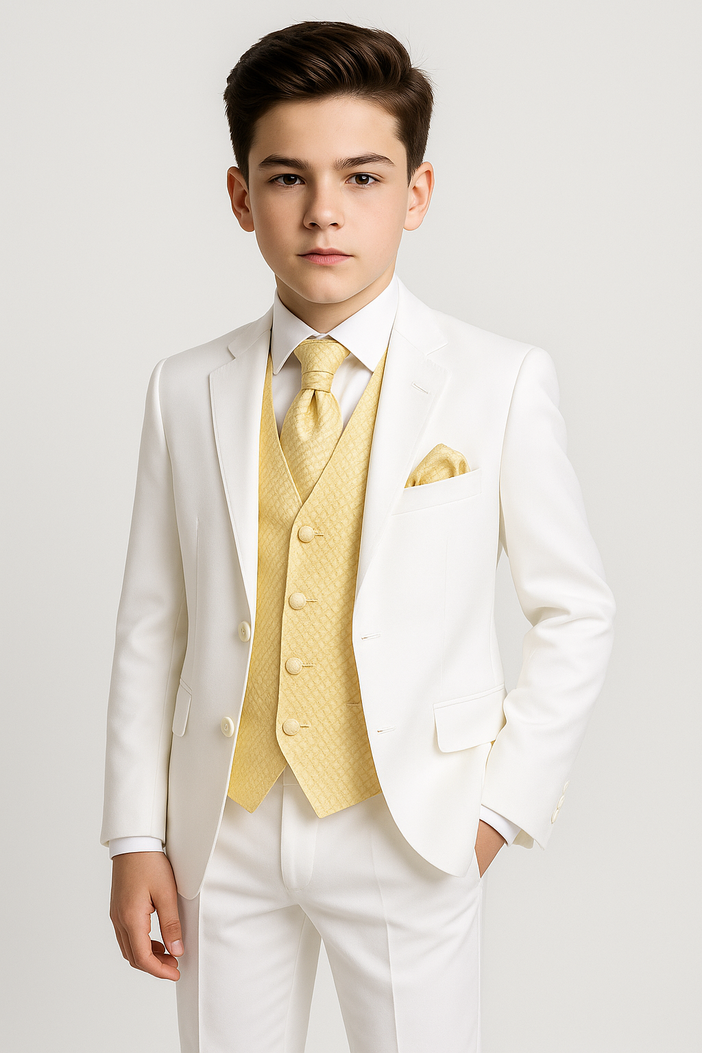 Boys 6 Piece Communion Tailored Fit Suit Set - White - Gold