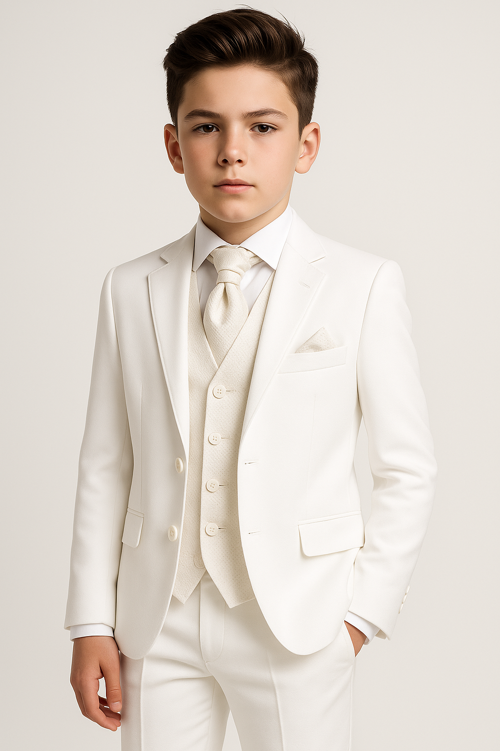 Boys 6 Piece Communion Tailored Fit Suit Set - White - Ivory