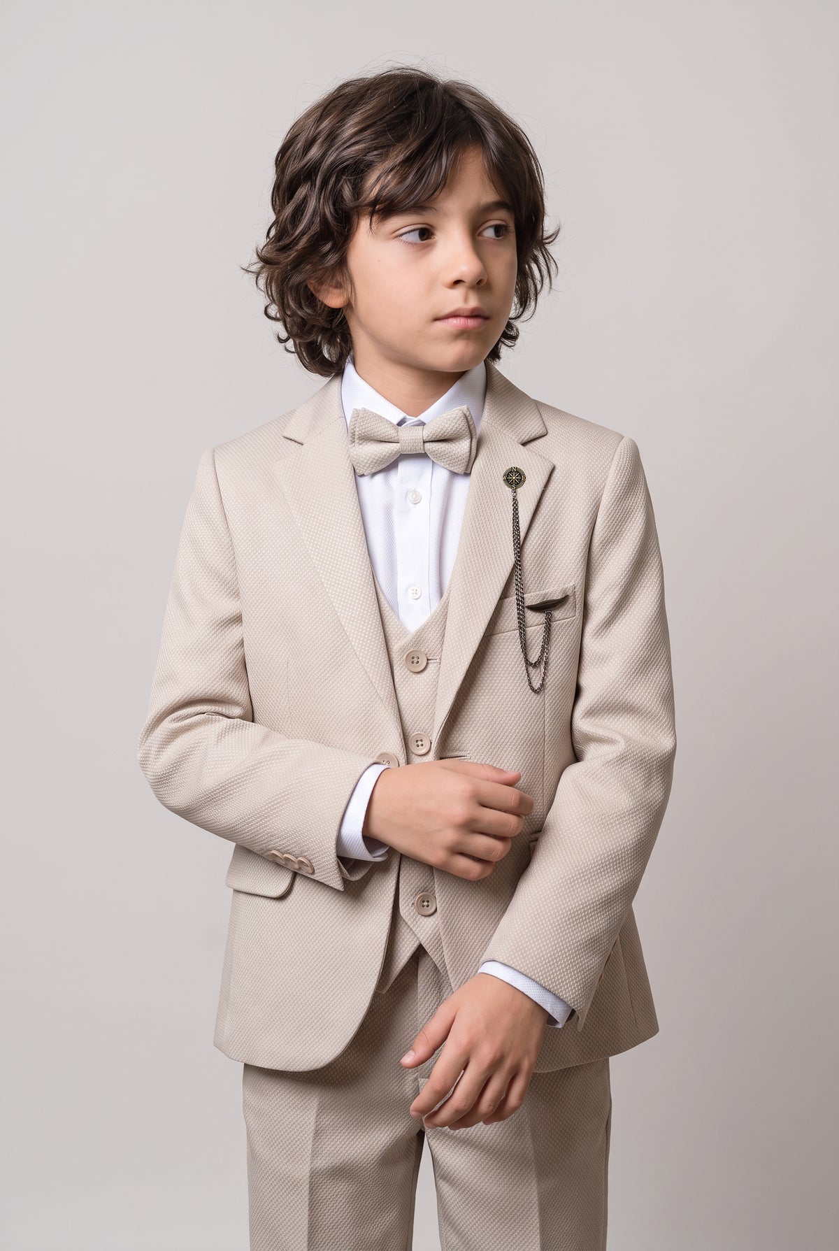 Boys’ 7-Piece Self-Patterned Formal Suit Set - Planet - Beige Model Picture
