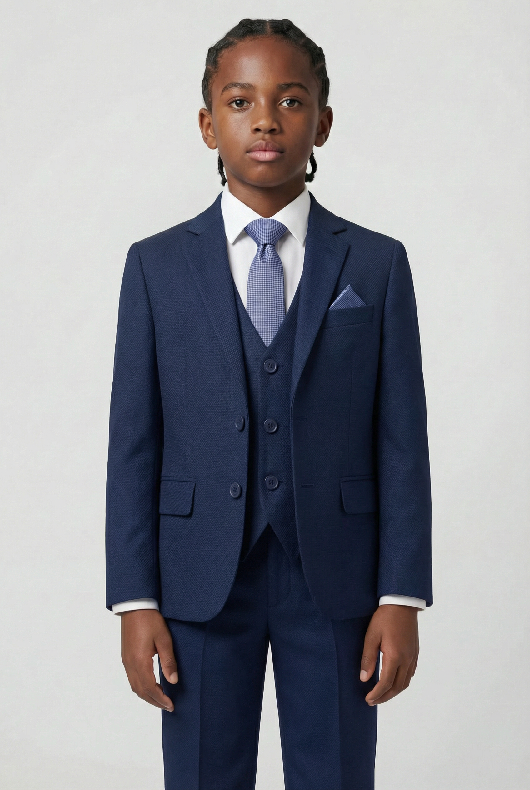 Boys’ 7-Piece Self-Patterned Formal Suit Set - Planet - Indigo Blue Model Front Picture