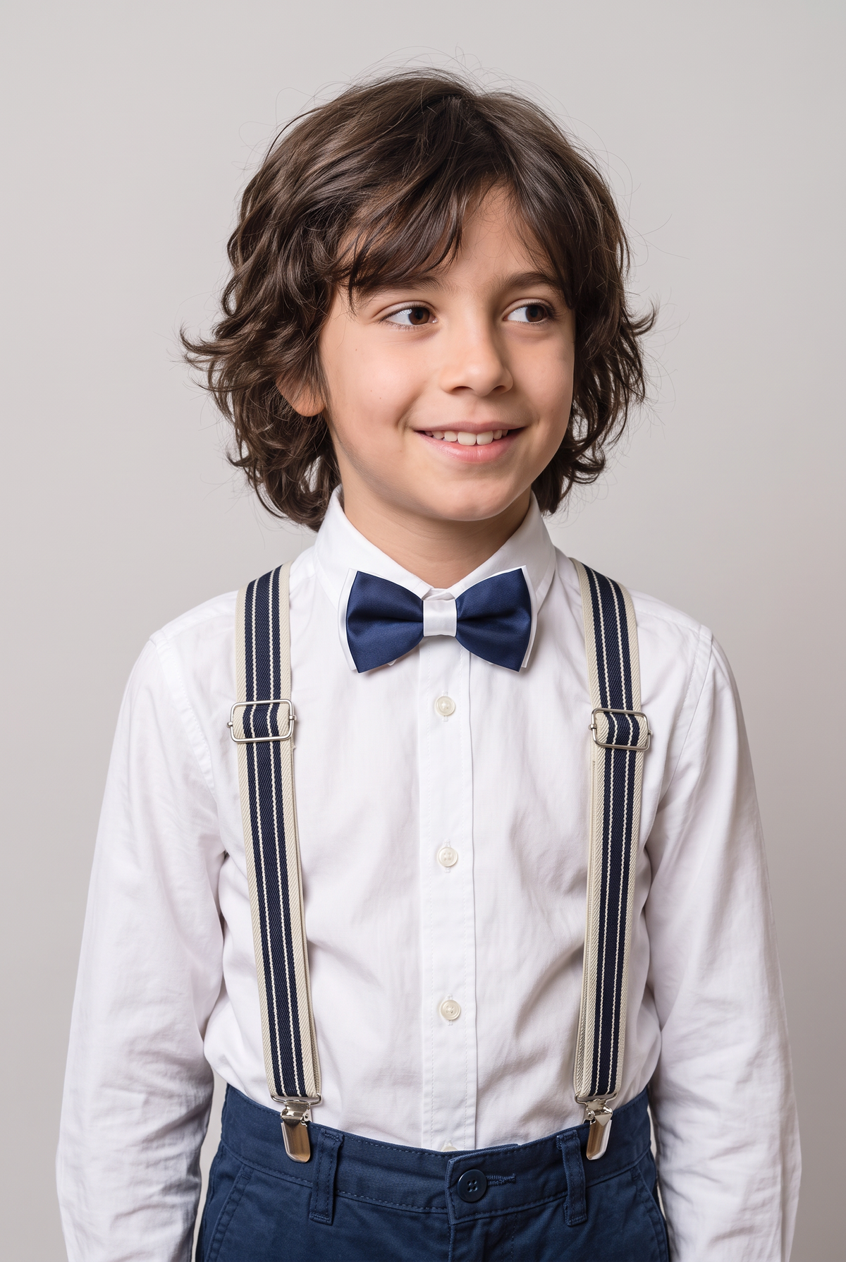 Boys Adjustable Elastic Y-Back Wide Bow Brace Set - White and Navy