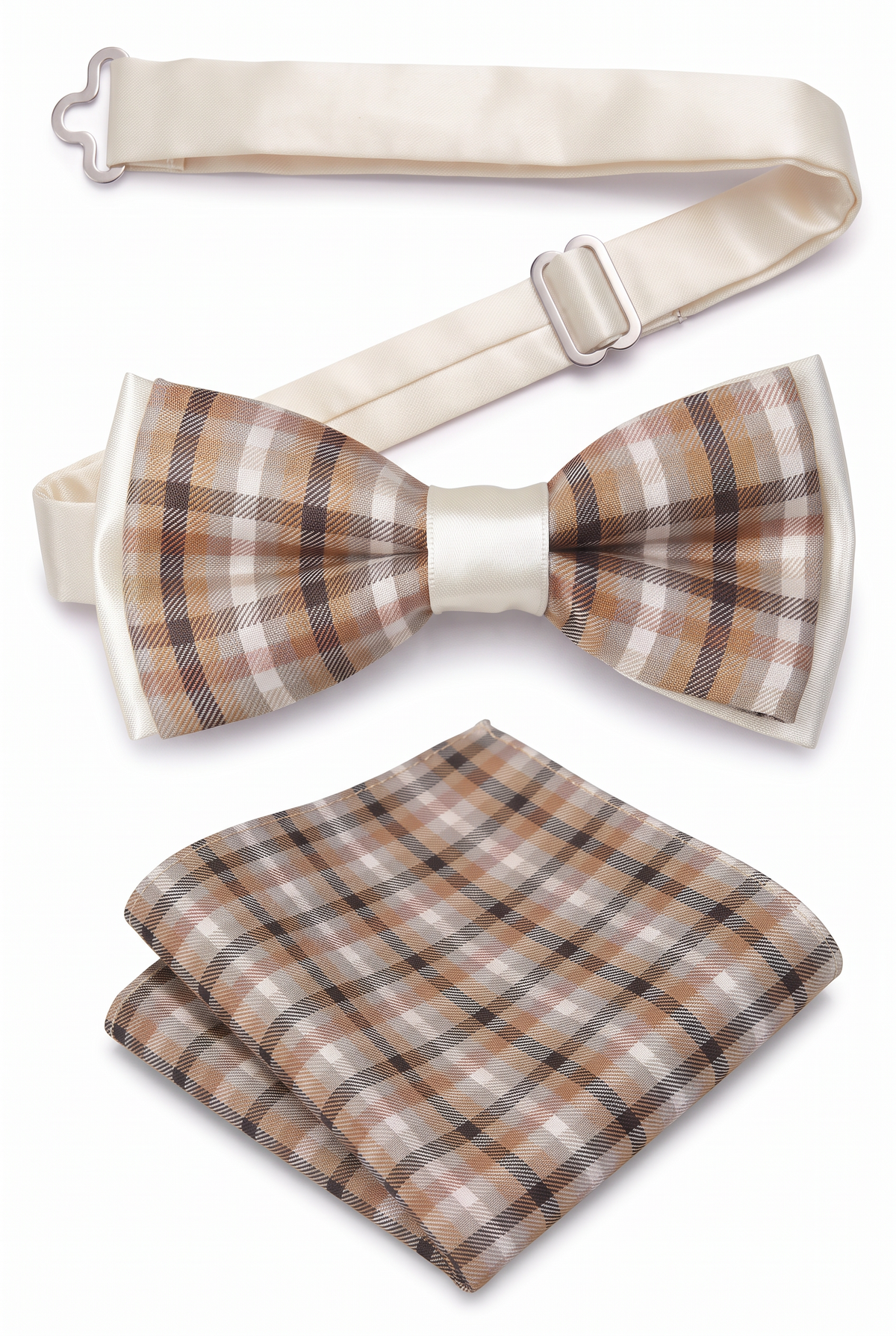 Boys Adjustable Pre-Tied Checkered Bow Tie & Pocket Square Set - Brown and White