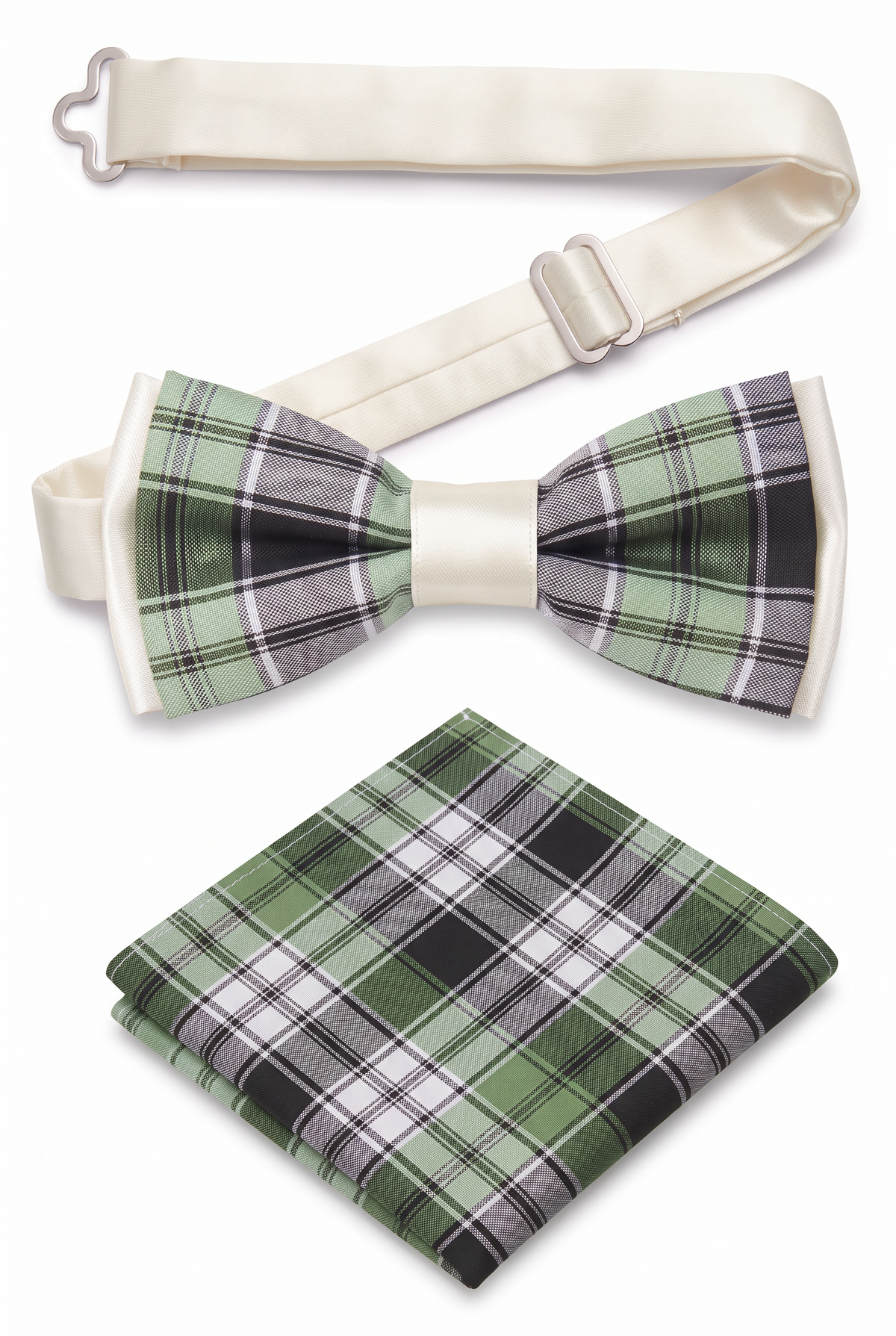 Boys Adjustable Pre-Tied Checkered Bow Tie & Pocket Square Set - Green and Black