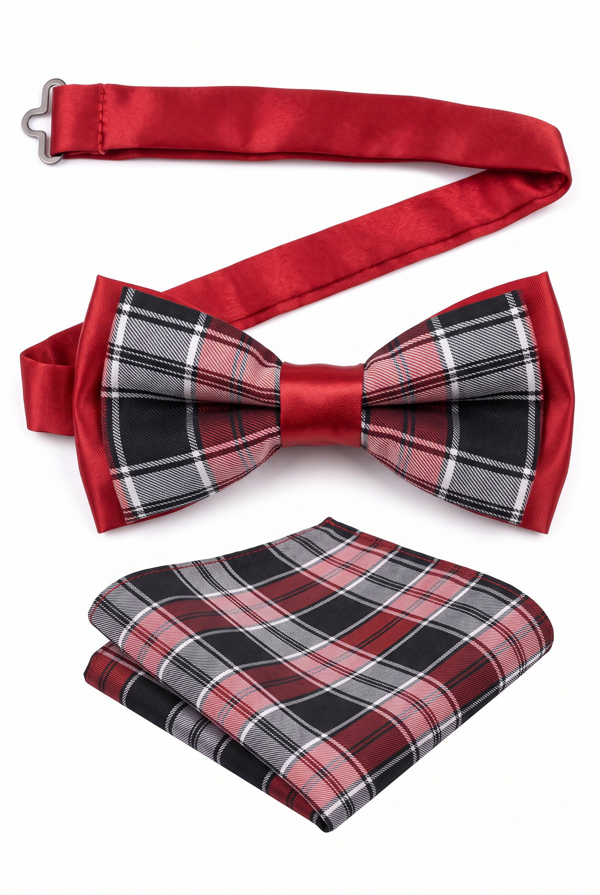 Boys Adjustable Pre-Tied Checkered Bow Tie & Pocket Square Set - Red and Grey