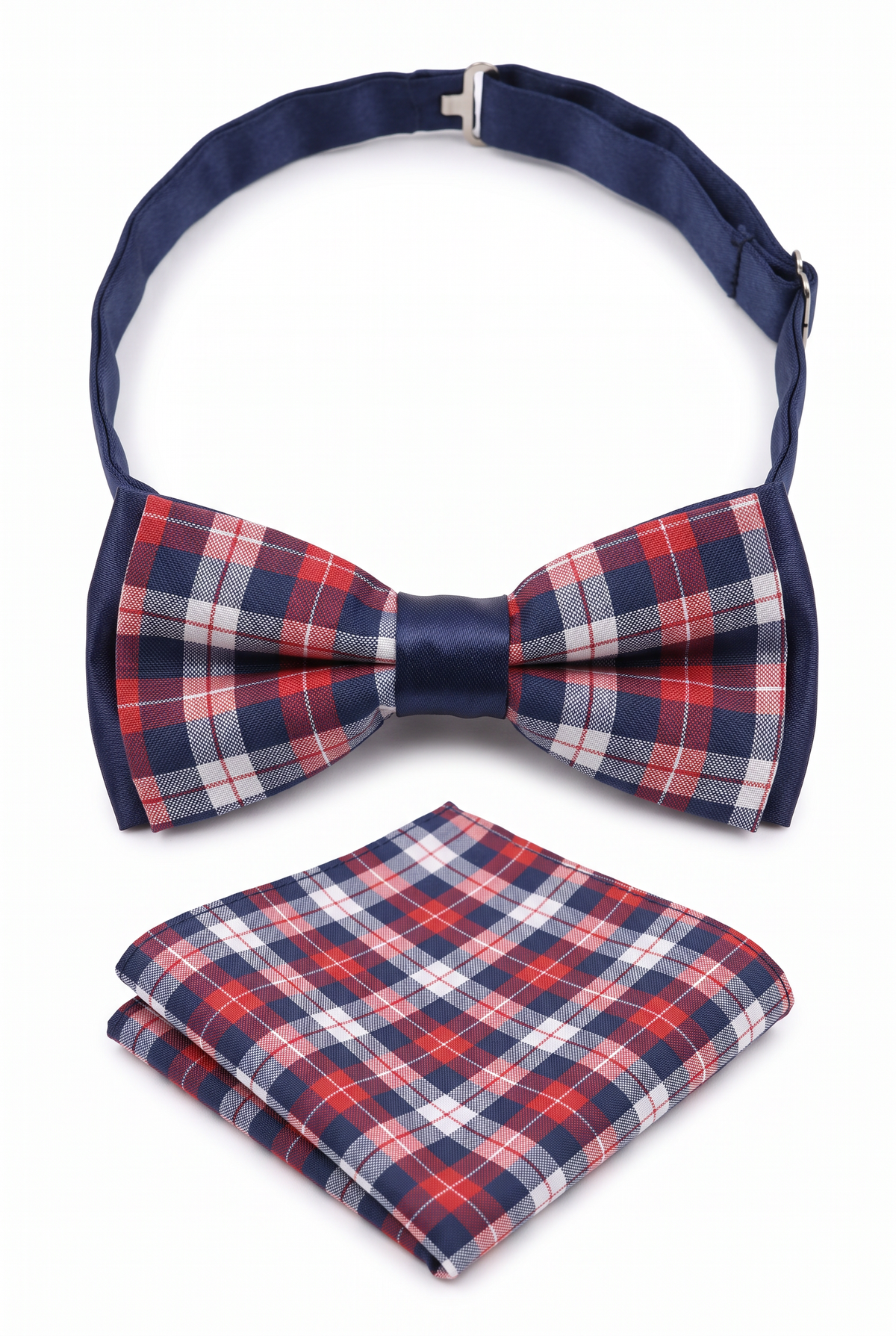 Boys Adjustable Pre-Tied Checkered Bow Tie & Pocket Square Set - Red and Navy