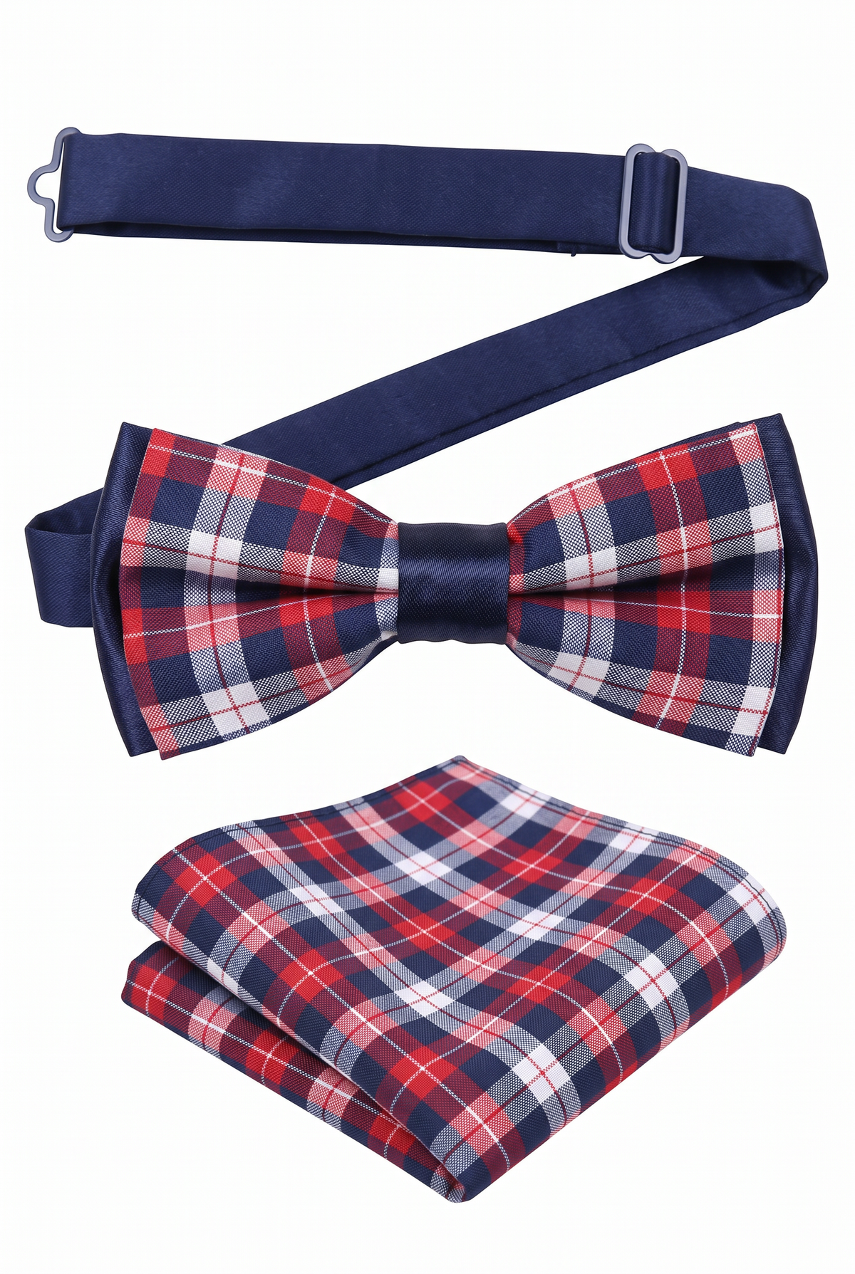 Boys Adjustable Pre-Tied Checkered Bow Tie & Pocket Square Set - Red and Navy